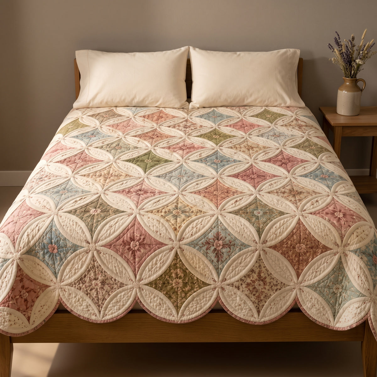 Cathedral Window Style Quilt Pattern PDF, Queen Coverlet, Appliqué