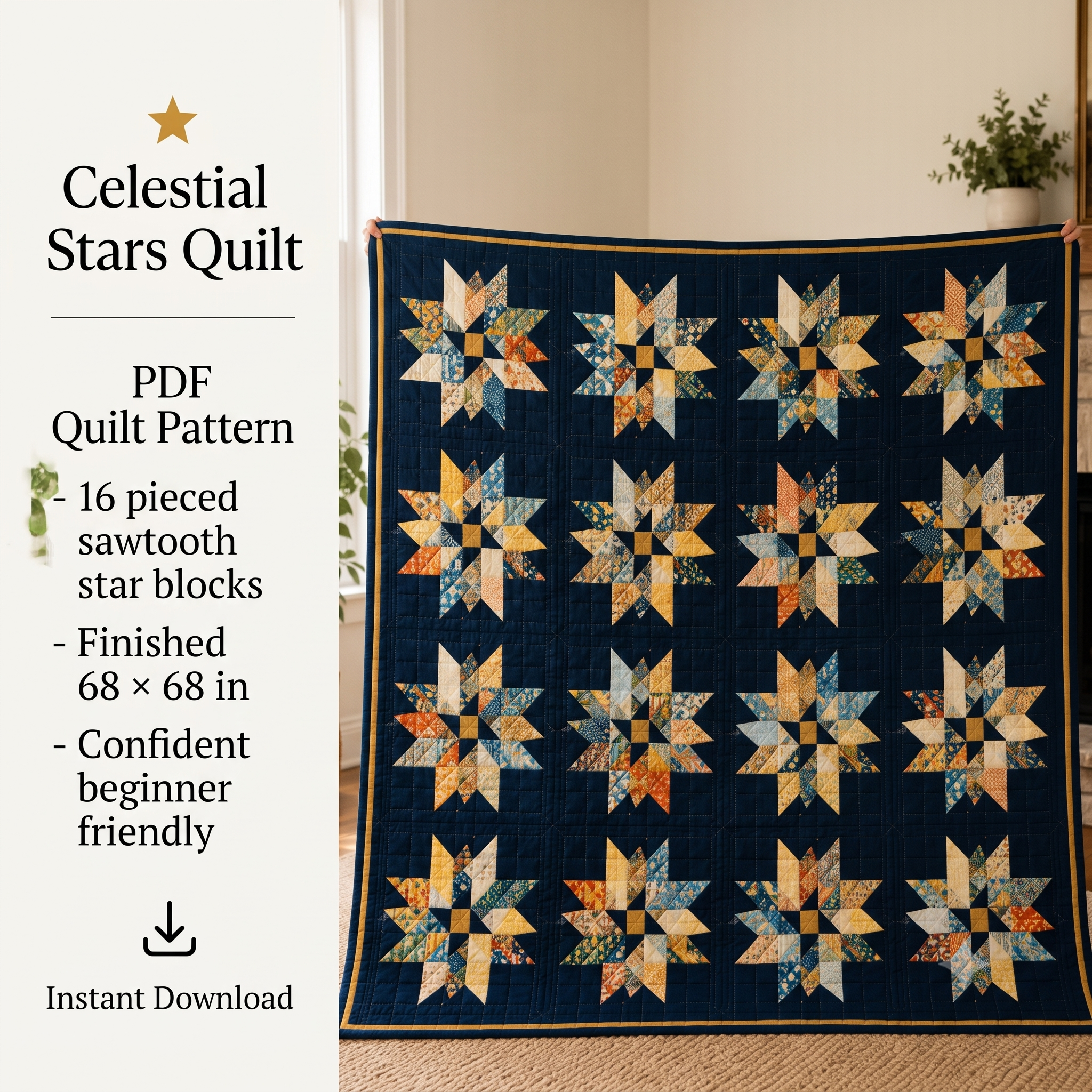 Celestial Stars Quilt Pattern PDF | Modern Star Quilt Pattern | Geometric Patchwork Quilt | Beginner Friendly | Instant Download