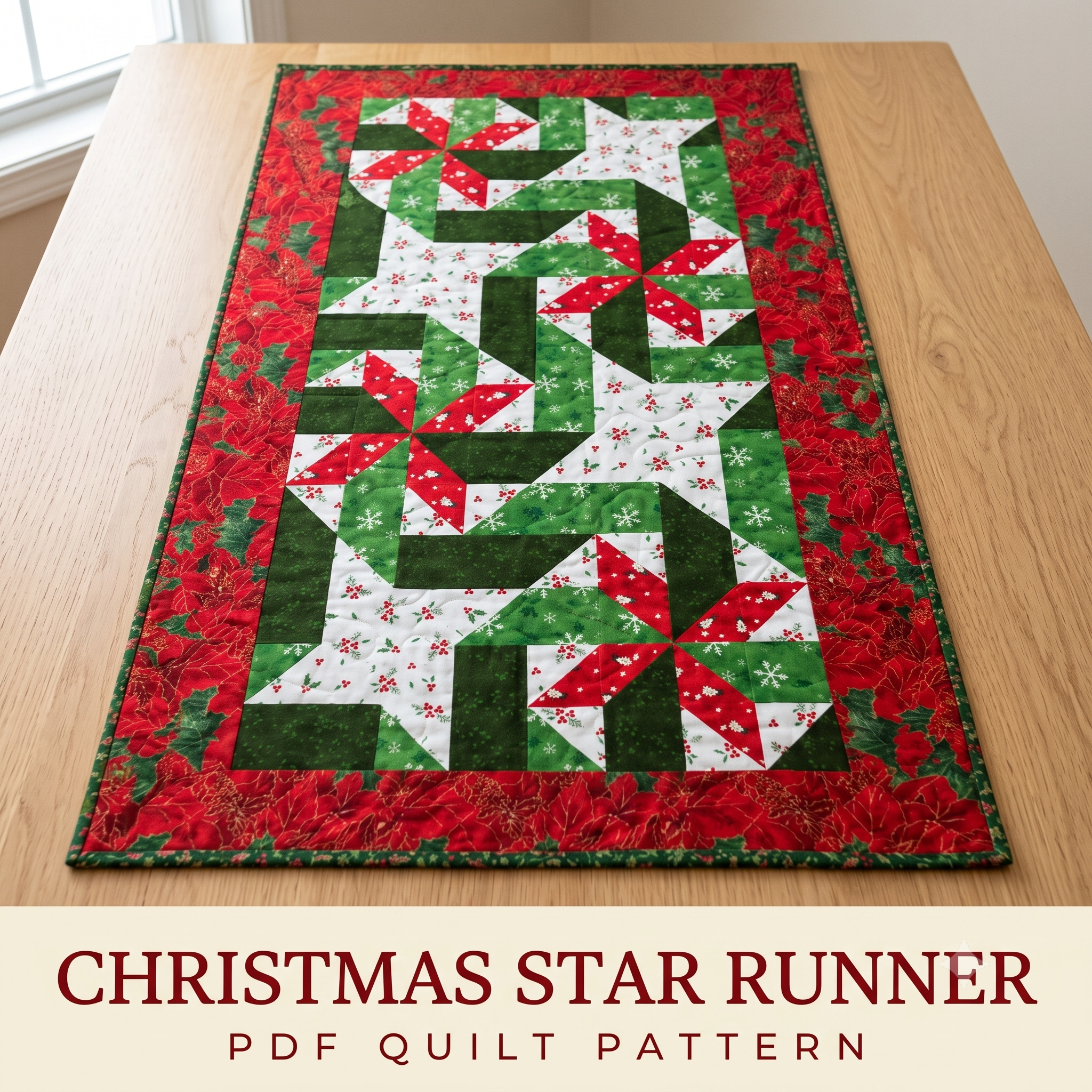 Christmas Star Table Runner Quilt Pattern PDF | 20 x 36 Holiday Patchwork | Wall Hanging | Instant Download