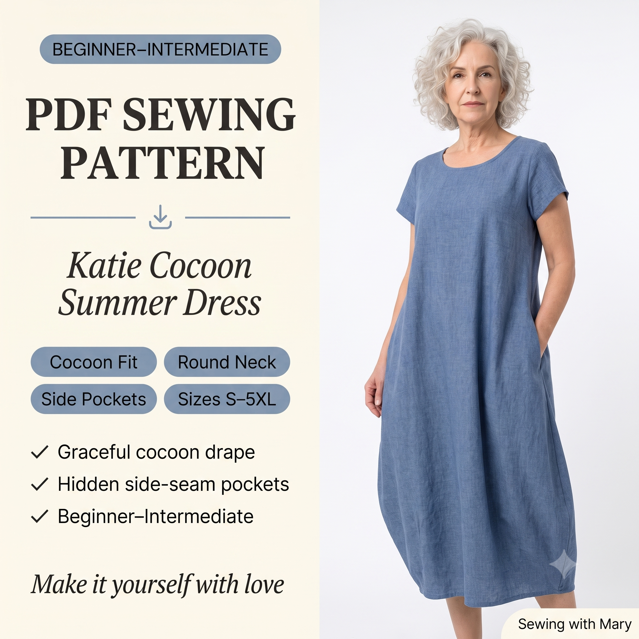 Cocoon Dress Sewing Pattern PDF | Katie Summer Dress Pattern for Women, Round Neck Dress with Pockets, Sizes S-5XL, Instant Download