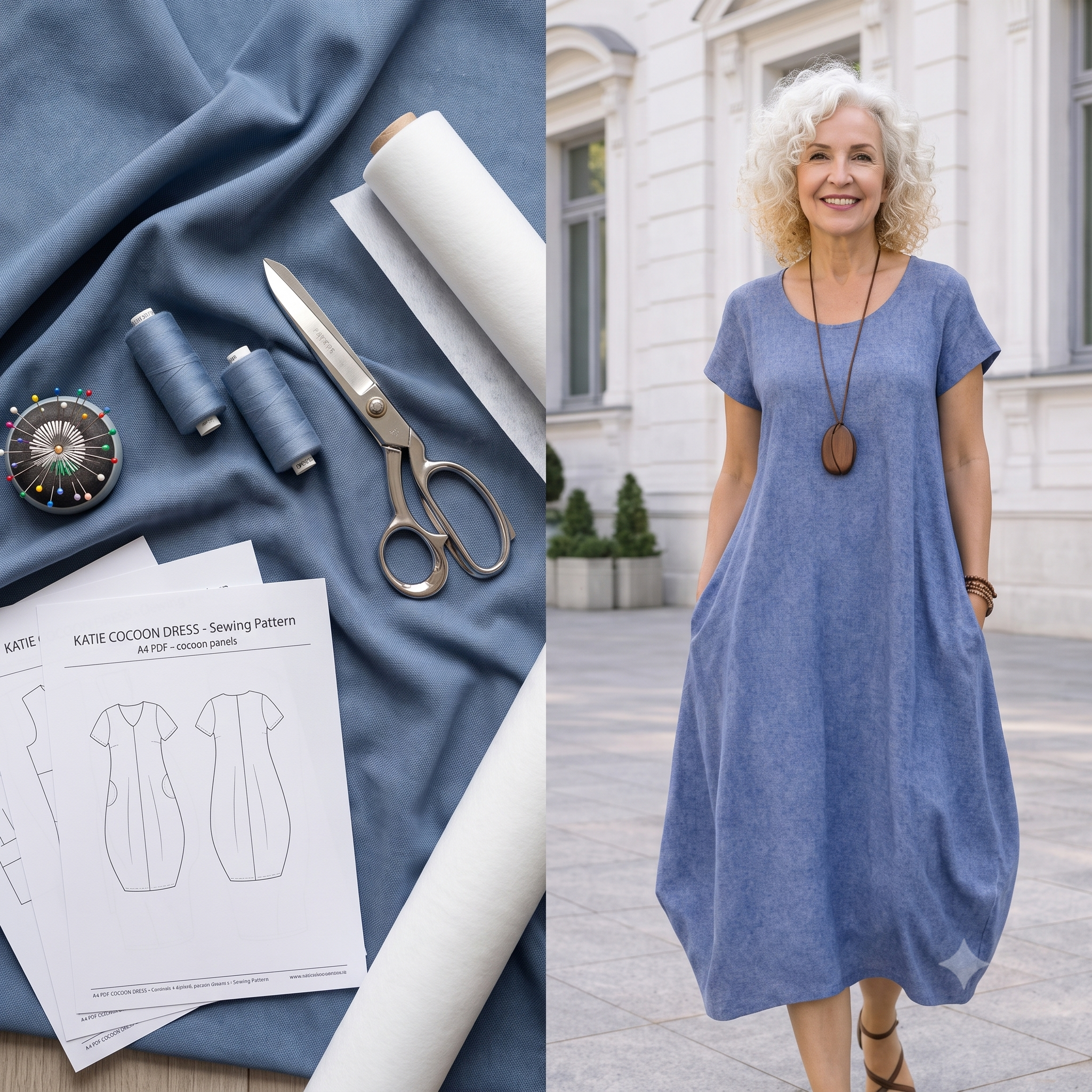 Cocoon Dress Sewing Pattern PDF | Katie Summer Dress Pattern for Women, Round Neck Dress with Pockets, Sizes S-5XL, Instant Download