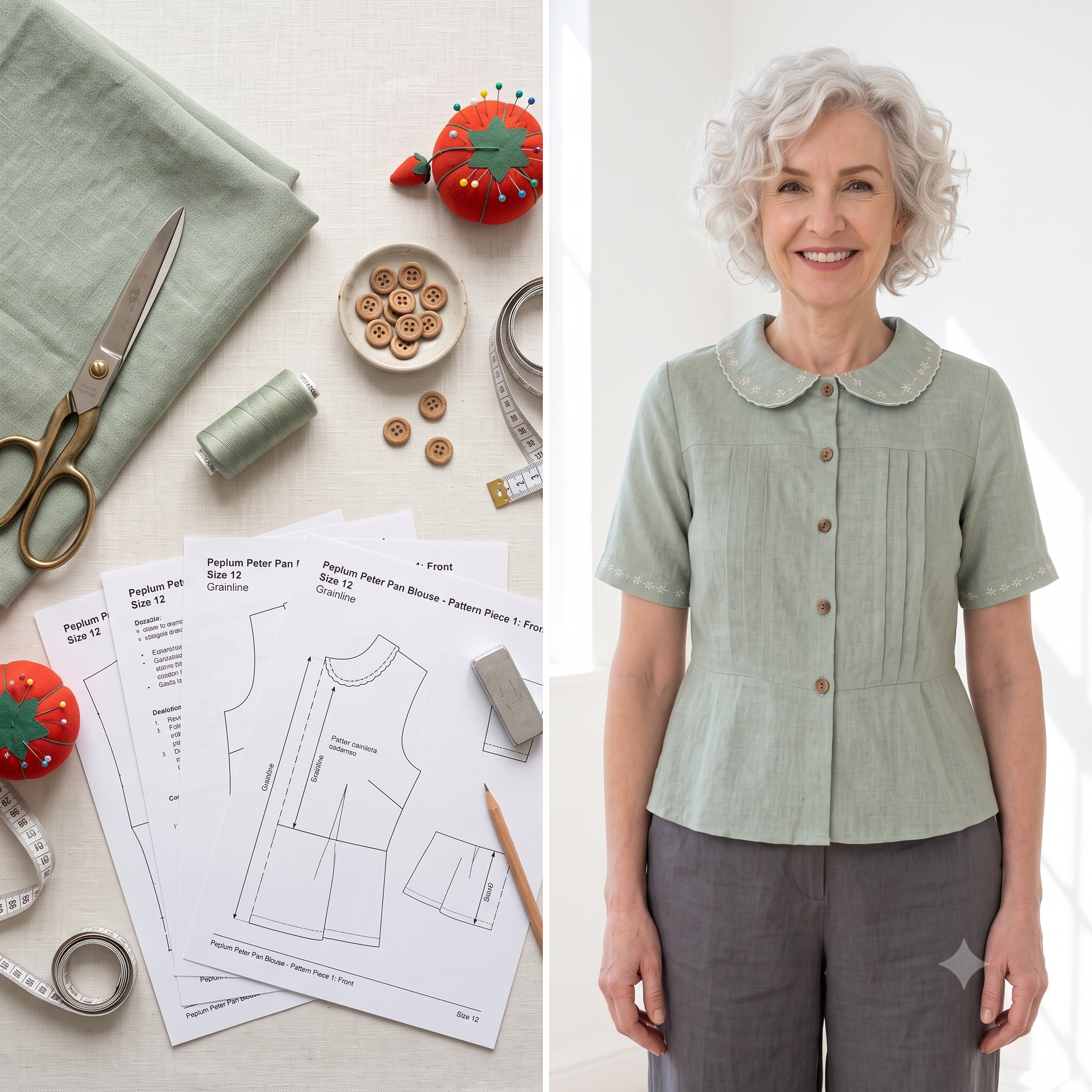 Pleated Peter Pan Collar Top — Sewing Pattern (PDF) | Vintage Semi-Fitted Blouse