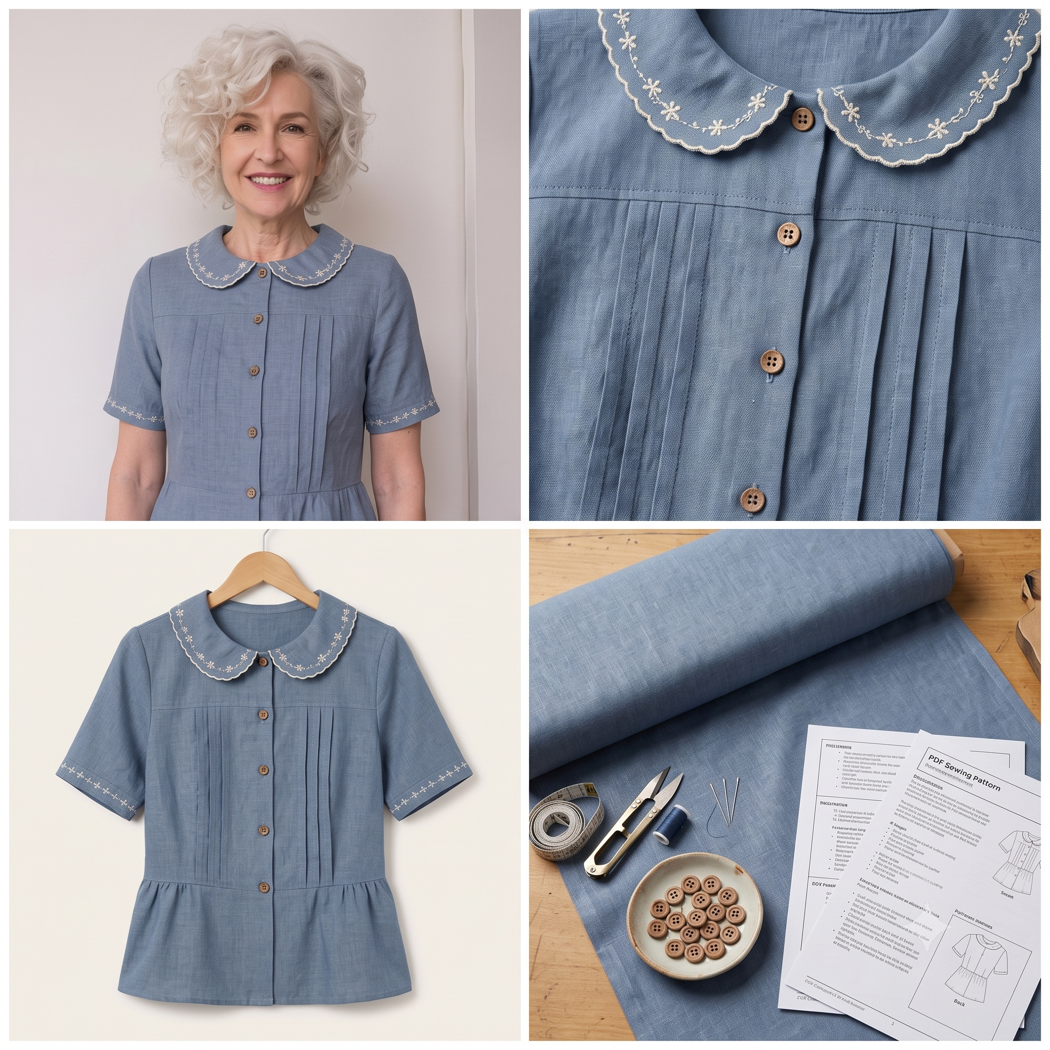 Pleated Peter Pan Collar Top — Sewing Pattern (PDF) | Vintage Semi-Fitted Blouse