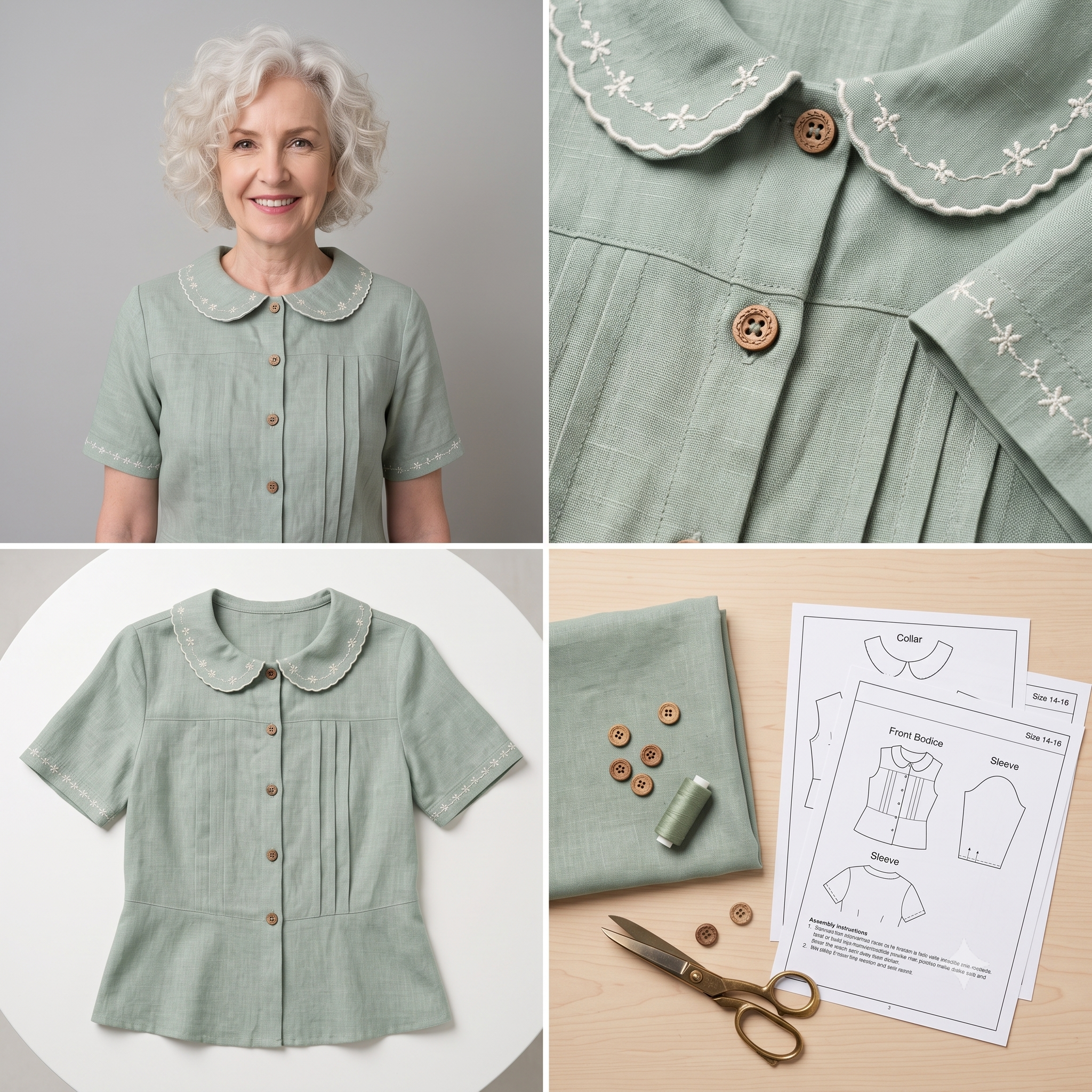 Pleated Peter Pan Collar Top — Sewing Pattern (PDF) | Vintage Semi-Fitted Blouse