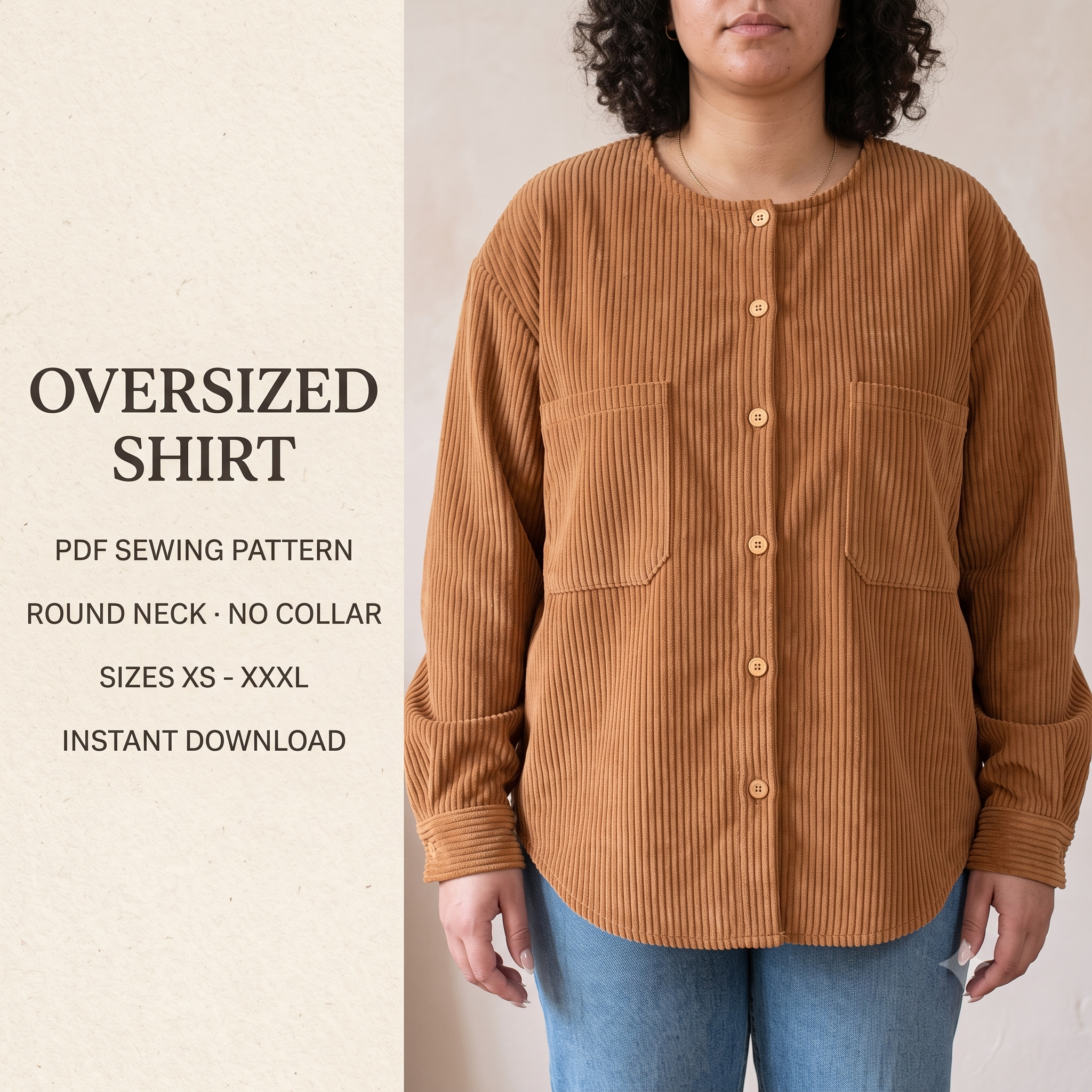 Collarless Shirt PDF Sewing Pattern | Oversized Button Up Shirt with Cuffs and Patch Pockets | XS to XXXL | Digital Sewing Pattern