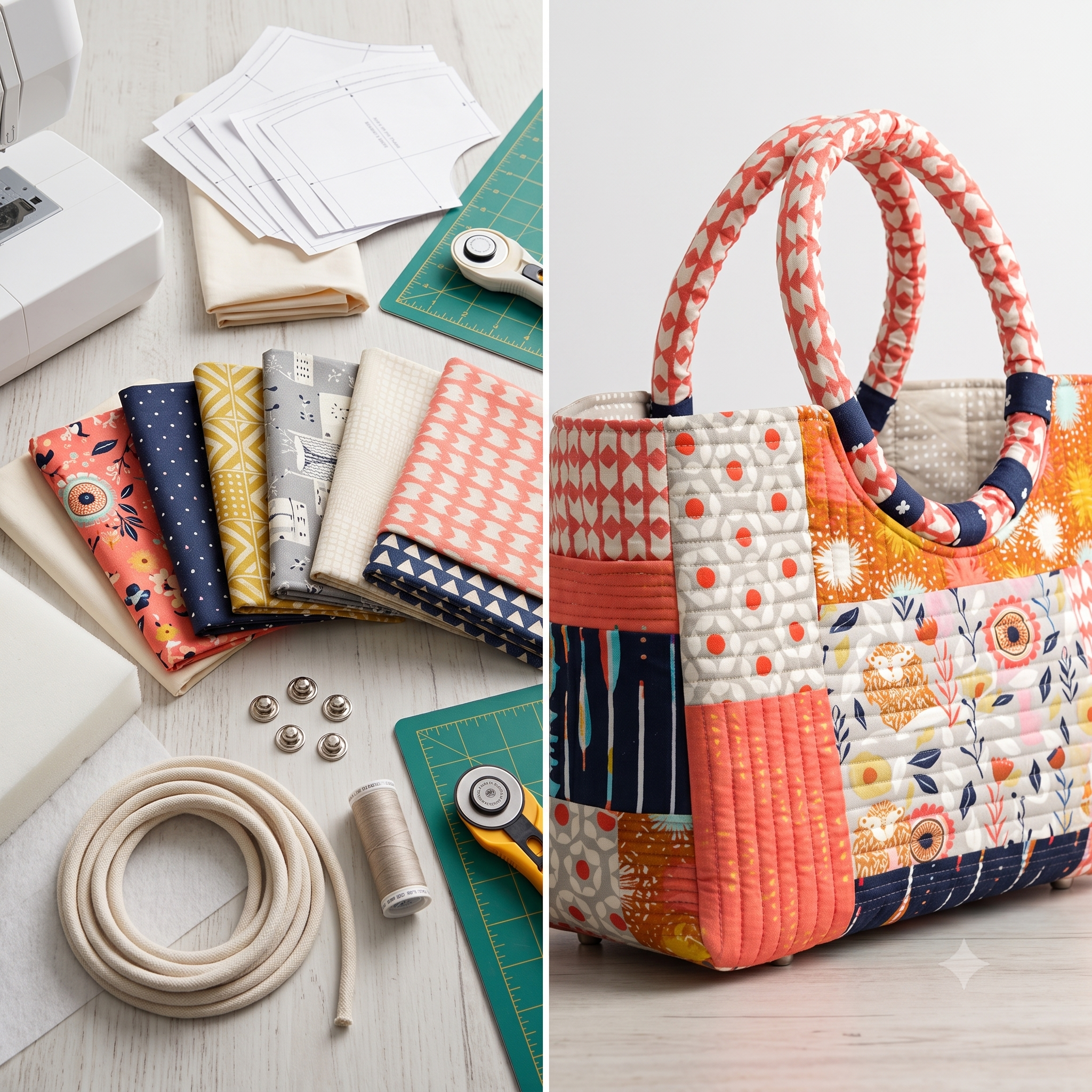 Craft Bag PDF Sewing Pattern | Large Quilted Project Tote with Rope Handles | Pieced or Single Fabric | Instant Download