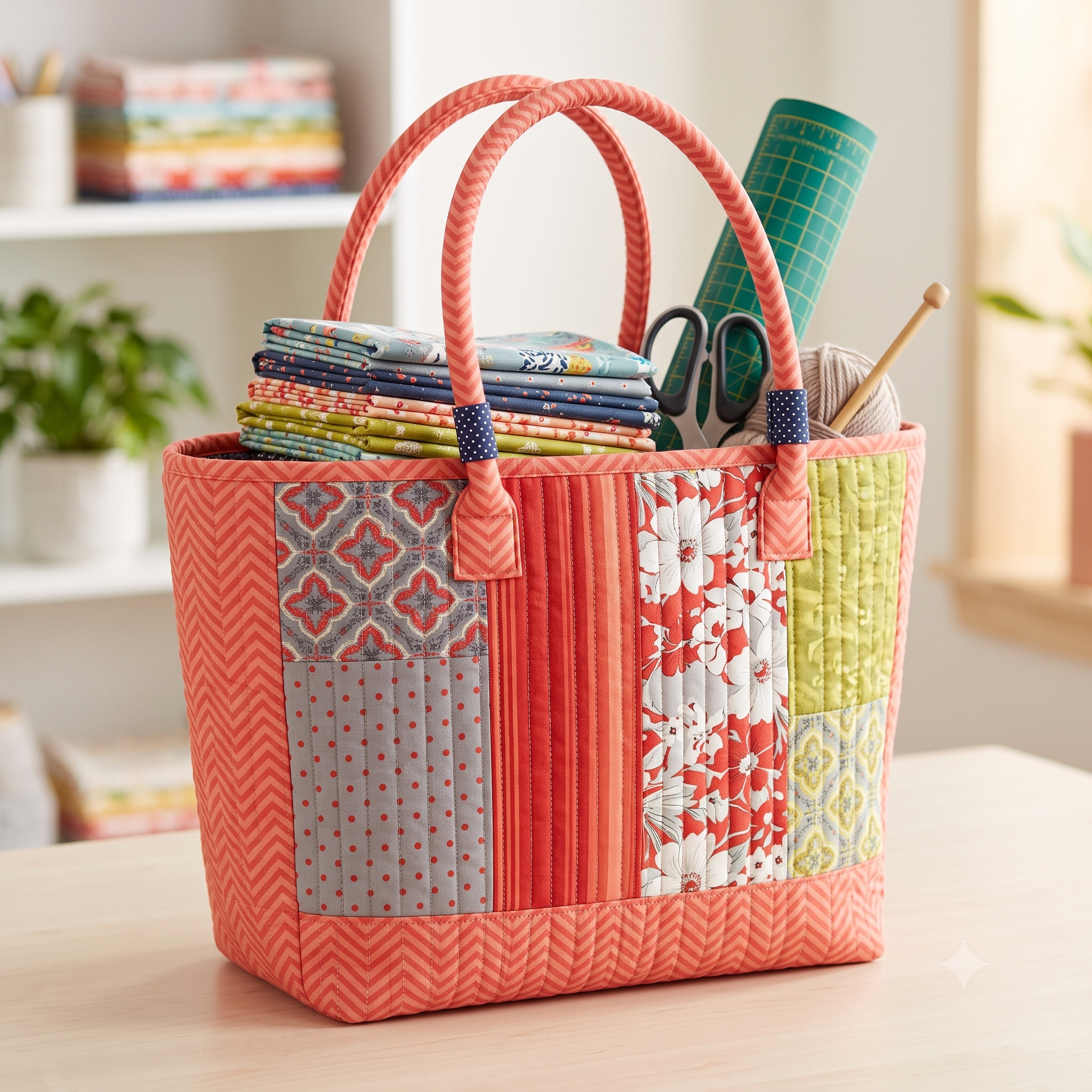 Craft Bag PDF Sewing Pattern | Large Quilted Project Tote with Rope Handles | Pieced or Single Fabric | Instant Download
