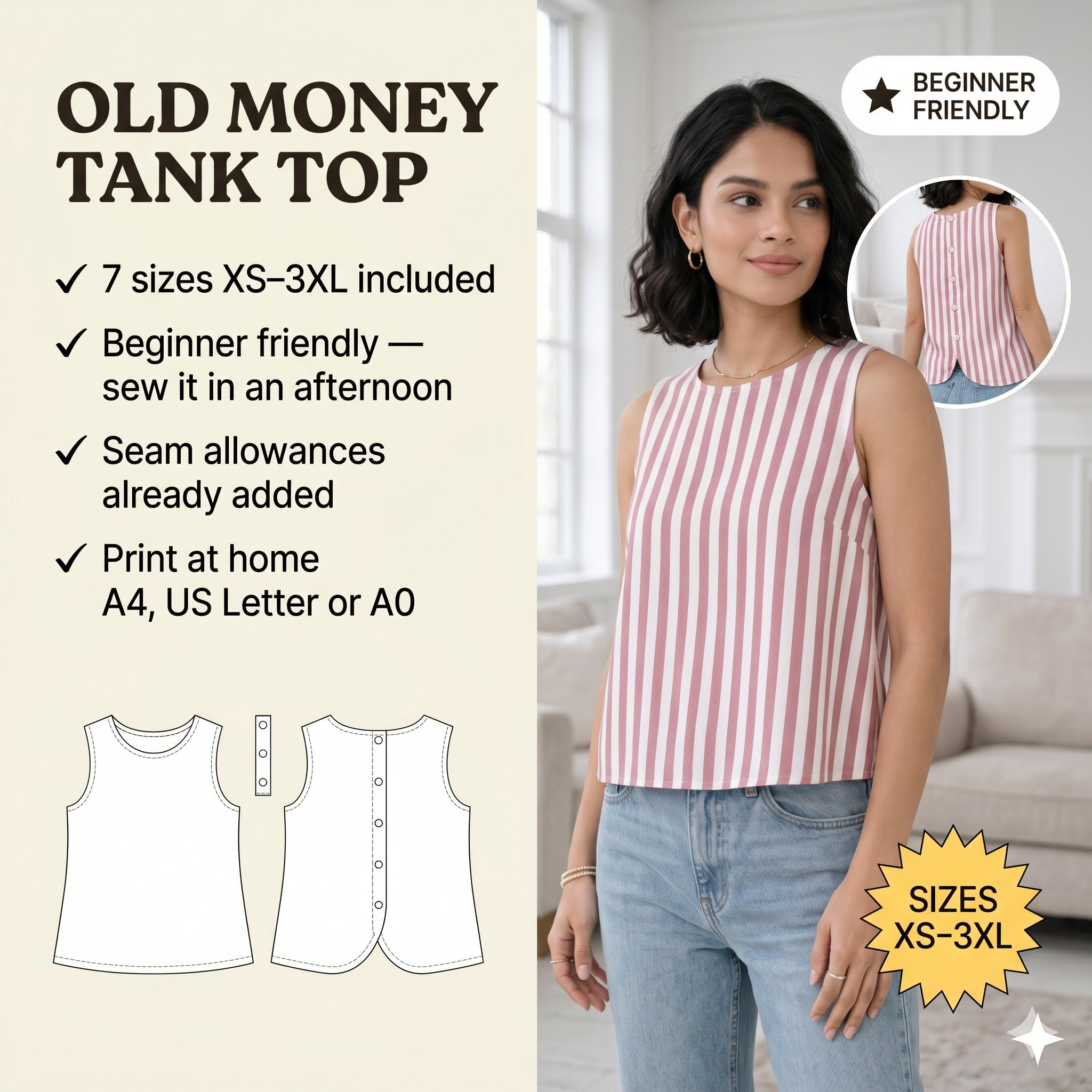 Easy Cropped Tank Top PDF Sewing Pattern, Sleeveless Back Button Blouse, Women Old Money Summer Top DIY beginners, XS-3XL Digital Download