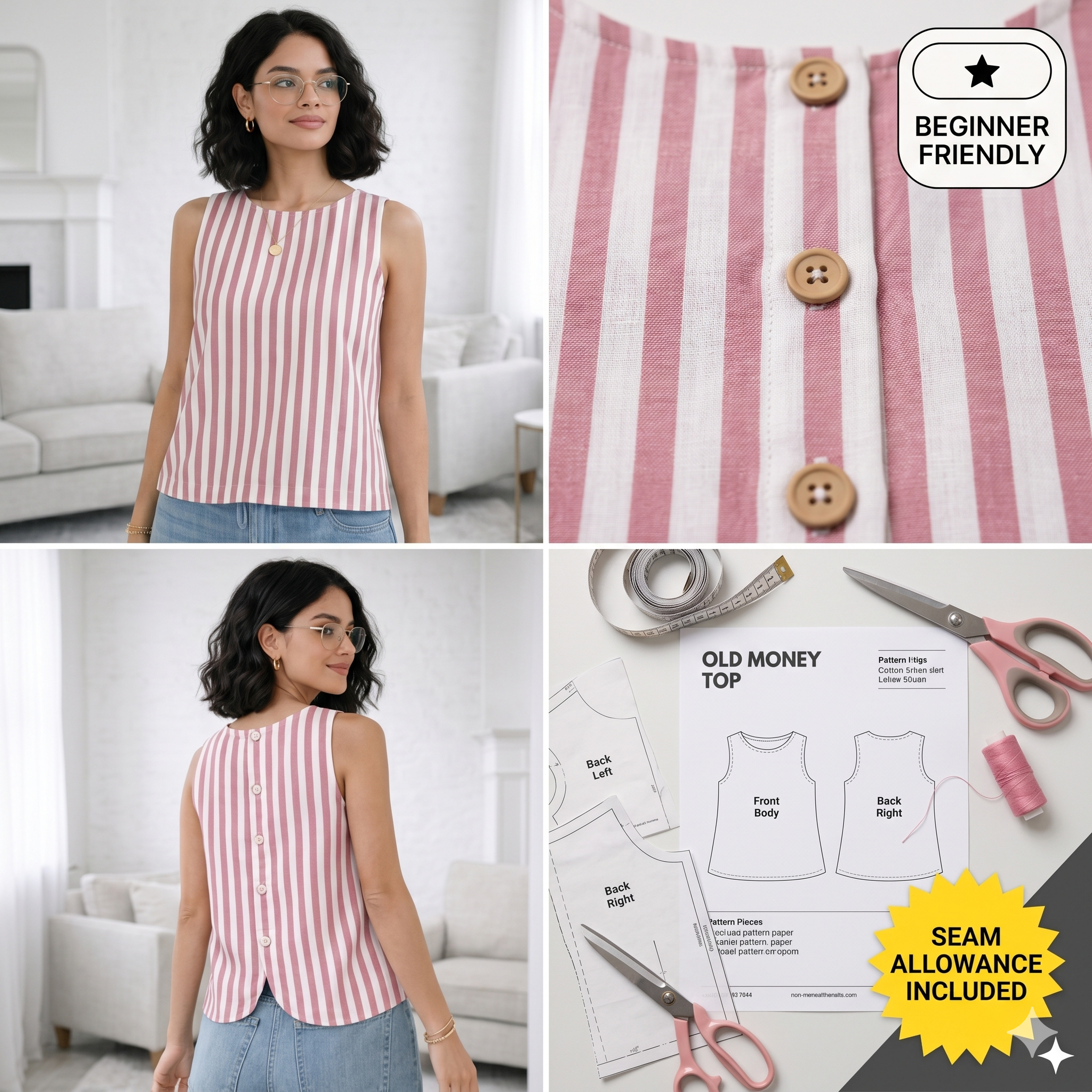 Easy Cropped Tank Top PDF Sewing Pattern, Sleeveless Back Button Blouse, Women Old Money Summer Top DIY beginners, XS-3XL Digital Download