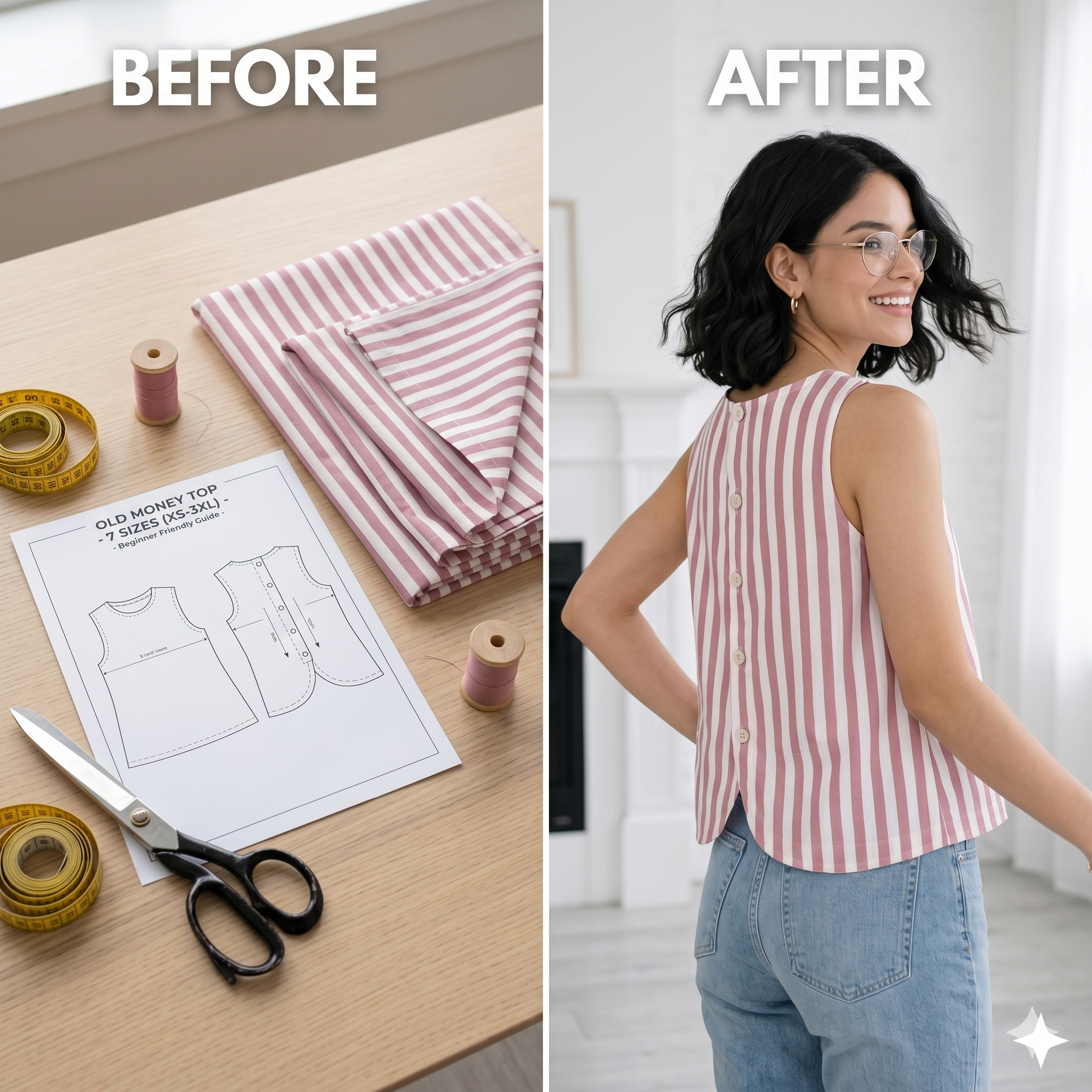 Easy Cropped Tank Top PDF Sewing Pattern, Sleeveless Back Button Blouse, Women Old Money Summer Top DIY beginners, XS-3XL Digital Download