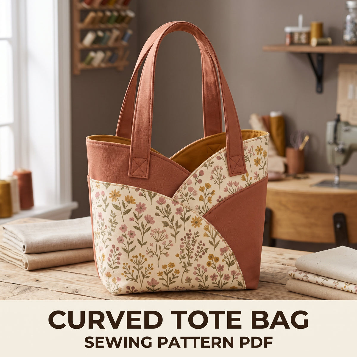 Curved Tote Bag Sewing Pattern PDF, Unique Rounded Front Panel Tote with Lining and Pocket, Beginner Friendly