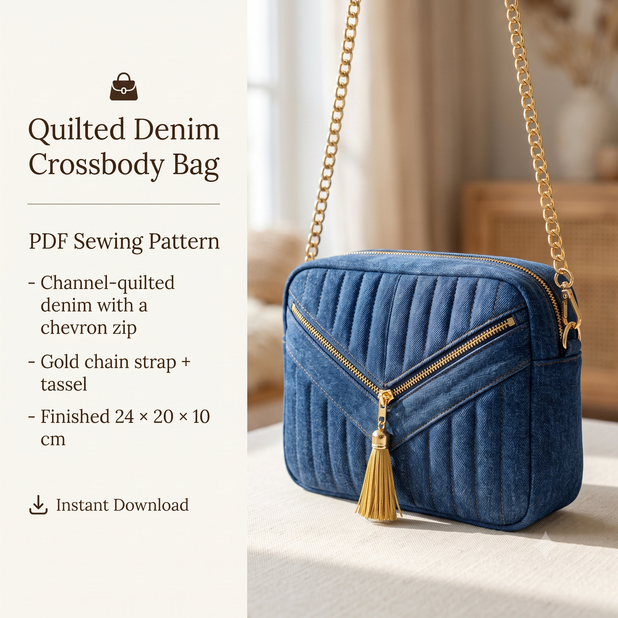 Quilted Denim Crossbody Bag Pattern PDF | Denim Bag Sewing Pattern with Video Tutorial