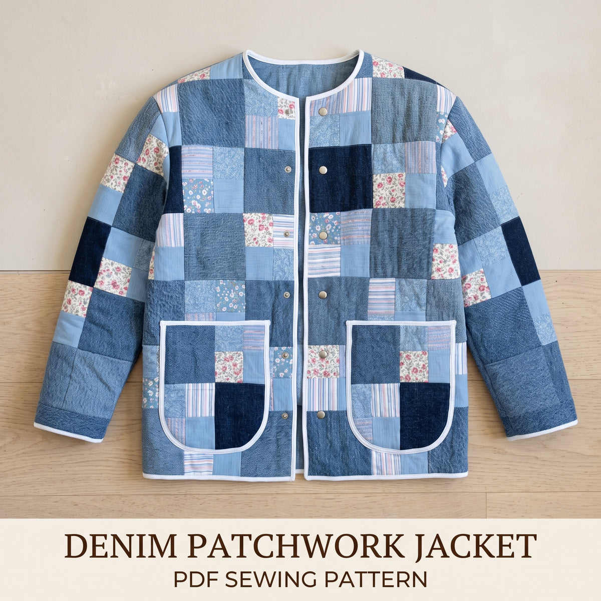 Denim Patchwork Jacket Pattern PDF - Boxy Quilted Jacket from Recycled Jeans - Bound Edges, Snaps, Patch Pockets - Sizes XS to 4XL