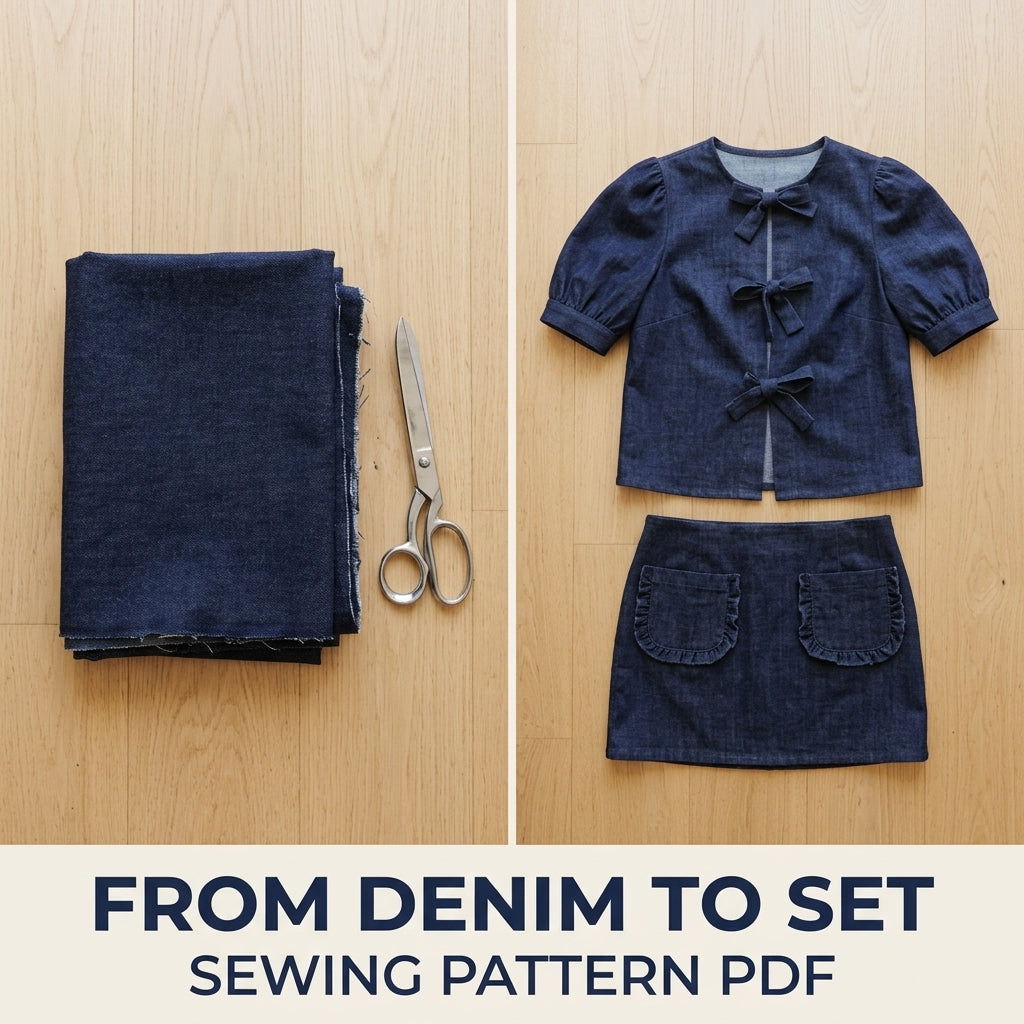 Bow Tie Top Sewing Pattern PDF – Puff Sleeve Denim Blouse and Mini Skirt