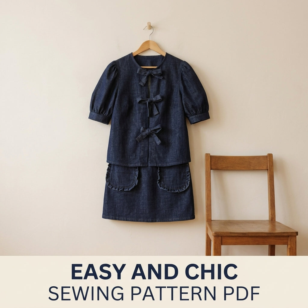 Bow Tie Top Sewing Pattern PDF – Puff Sleeve Denim Blouse and Mini Skirt