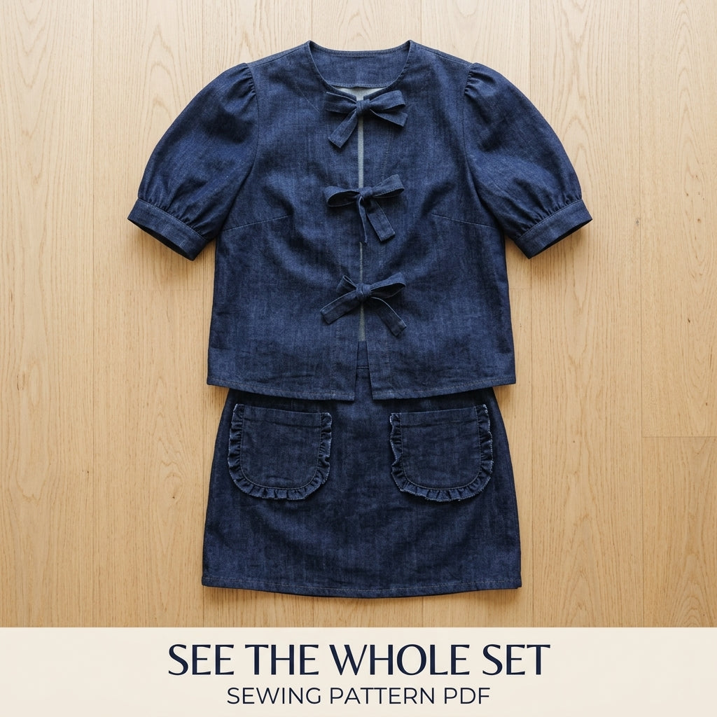 Bow Tie Top Sewing Pattern PDF – Puff Sleeve Denim Blouse and Mini Skirt