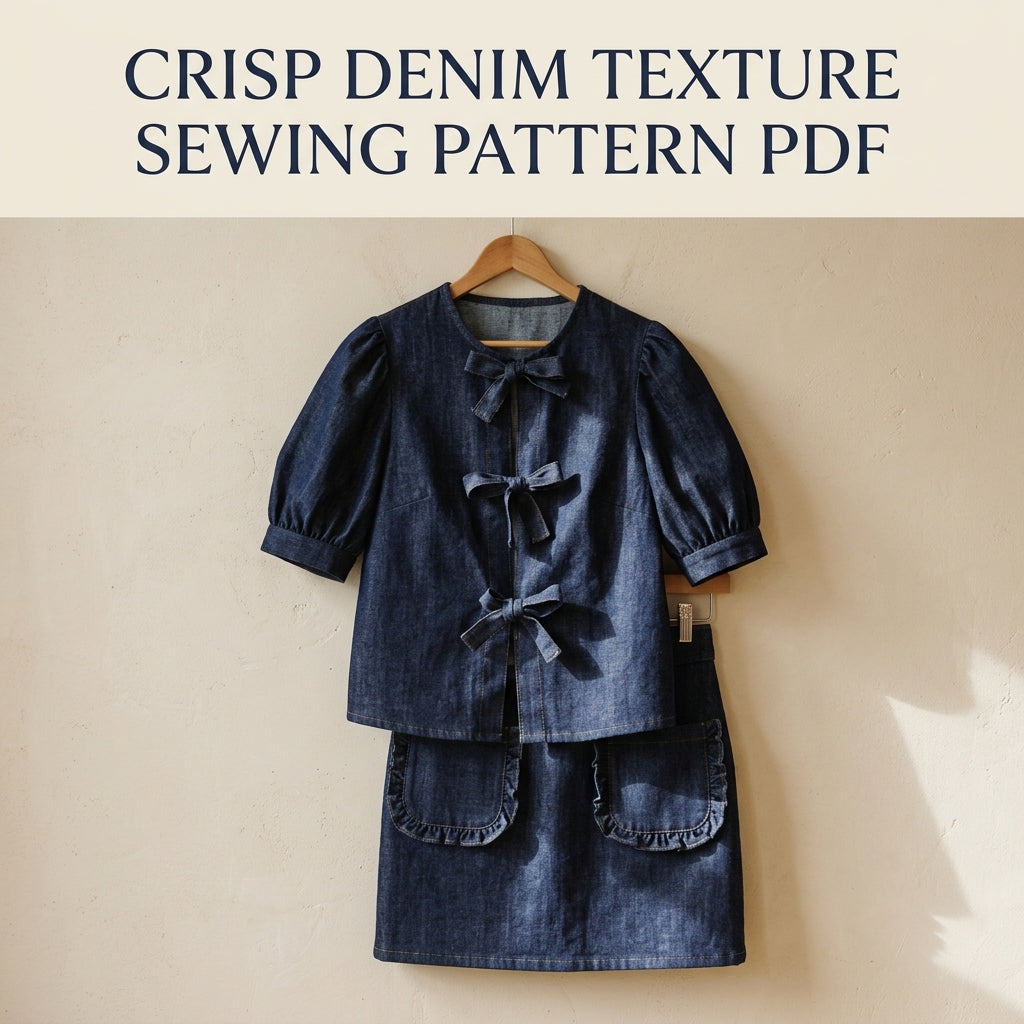 Bow Tie Top Sewing Pattern PDF – Puff Sleeve Denim Blouse and Mini Skirt