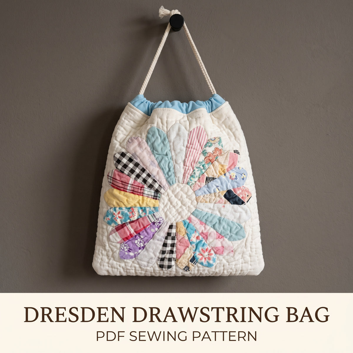 Dresden Plate Drawstring Bag Pattern PDF - Quilted Project Bag - Full Size Petal Template - Scrap Friendly Sewing Pattern