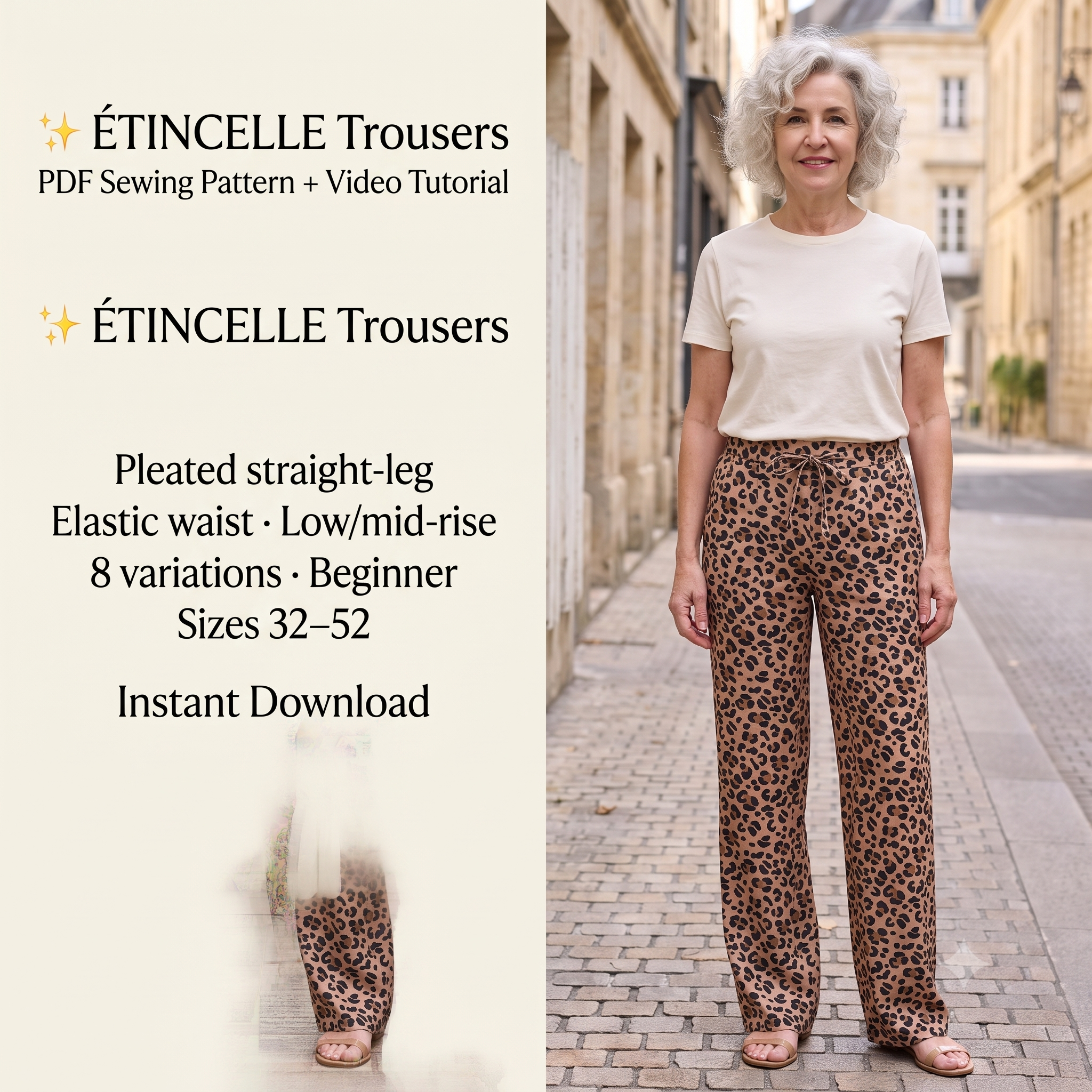 ÉTINCELLE Trousers Sewing Pattern PDF, Pleated Straight Leg Pants, Elastic Waist Trousers, Low Mid Rise, Video Tutorial, Bilingual FR/EN, Sizes 32–52