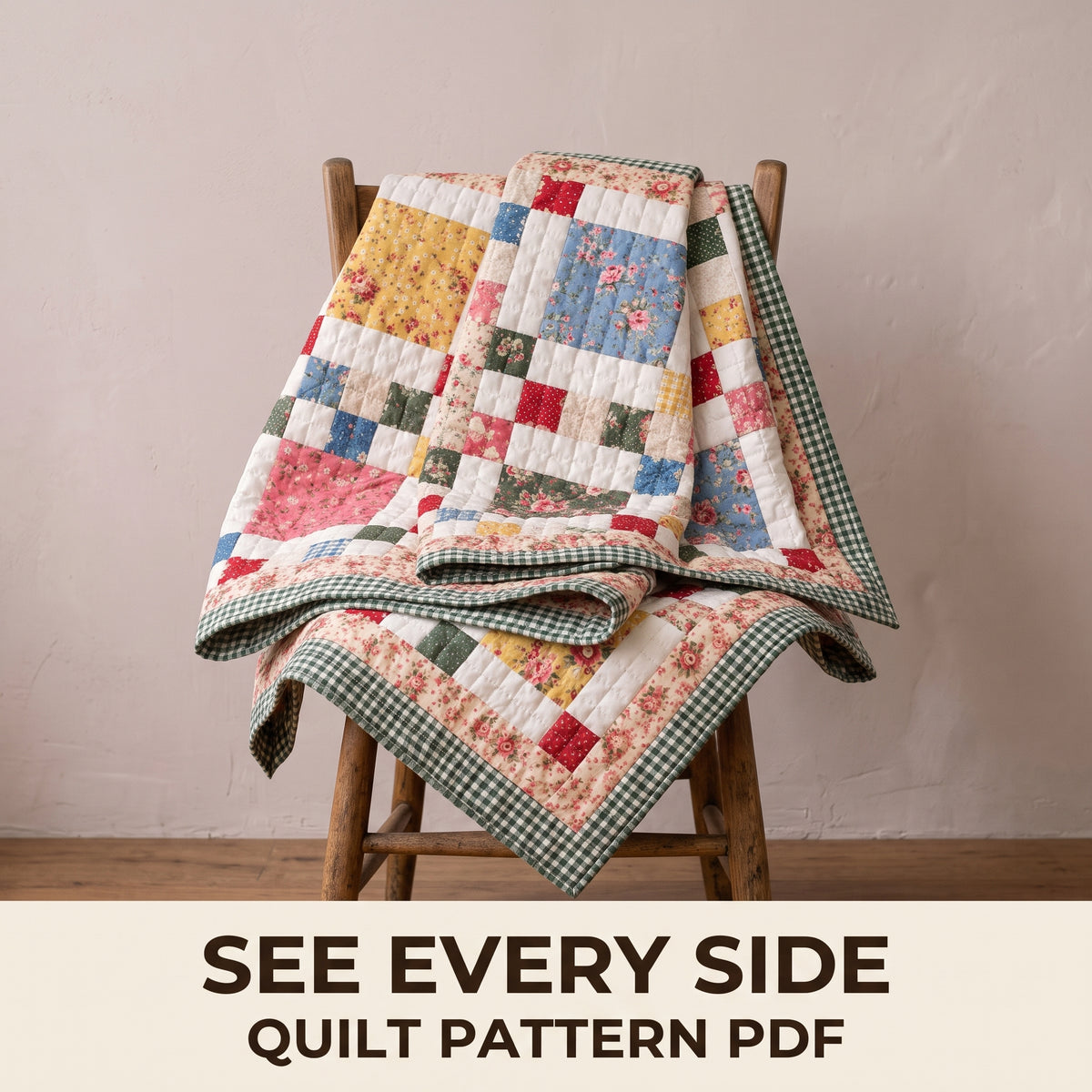 Easy Patchwork Quilt Pattern, Baby Throw Queen and King, Fat Quarter Friendly Floral Quilt, Instant PDF
