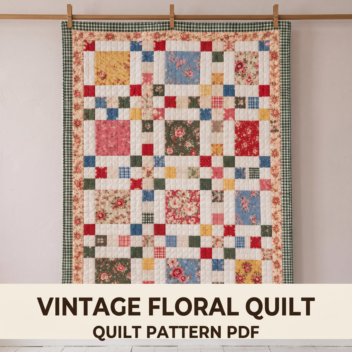 Easy Patchwork Quilt Pattern, Baby Throw Queen and King, Fat Quarter Friendly Floral Quilt, Instant PDF