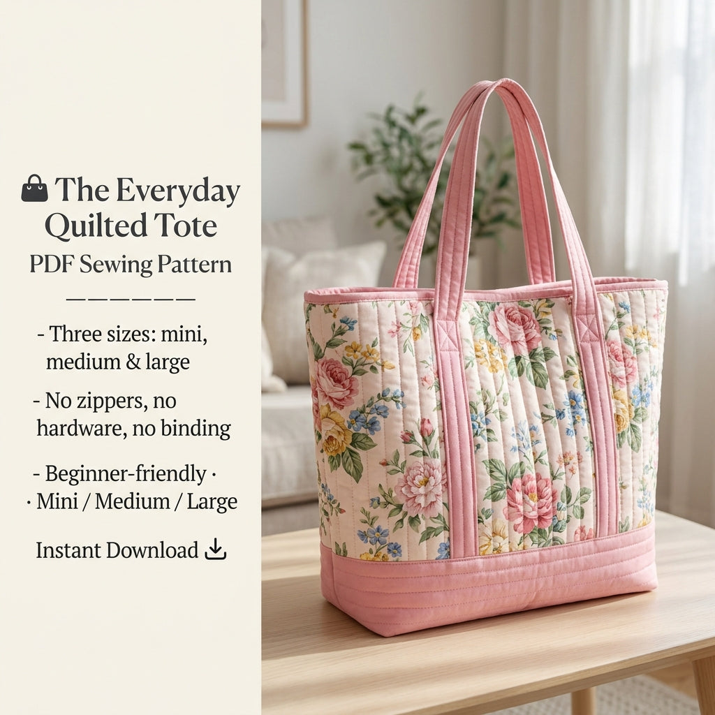 Quilted Tote Bag PDF Sewing Pattern | 3 Sizes Beginner Bag Pattern | No Zipper No Hardware Market Tote | Instant Download