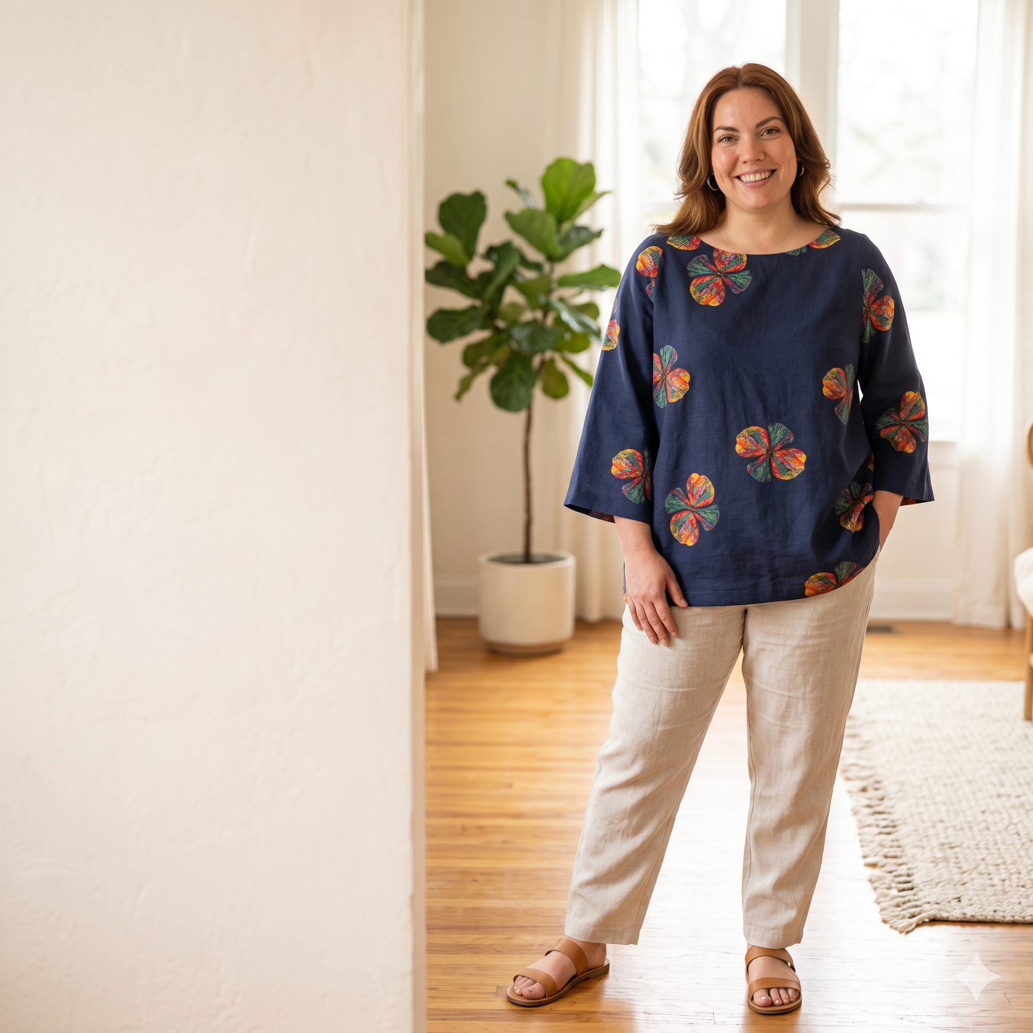 Floral Blouse Sewing Pattern PDF | Easy Beginner Oversized Top Pattern, Pull On 3/4 Sleeve Shirt for Women, Sizes S-3XL, Instant Download