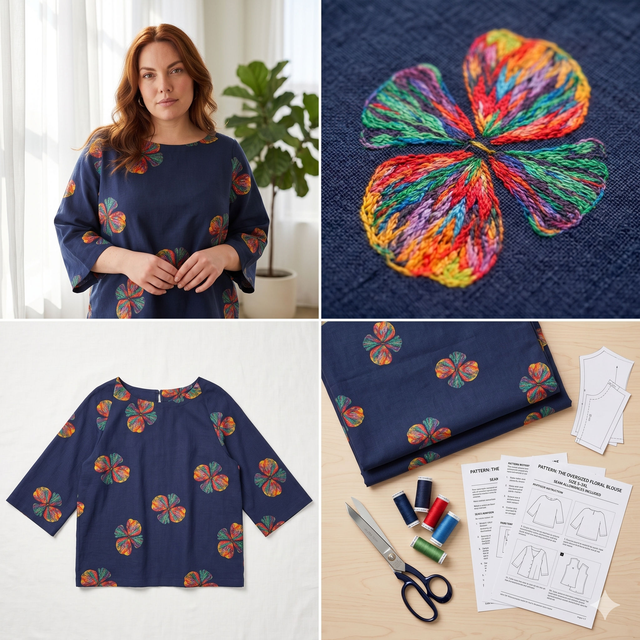 Floral Blouse Sewing Pattern PDF | Easy Beginner Oversized Top Pattern, Pull On 3/4 Sleeve Shirt for Women, Sizes S-3XL, Instant Download