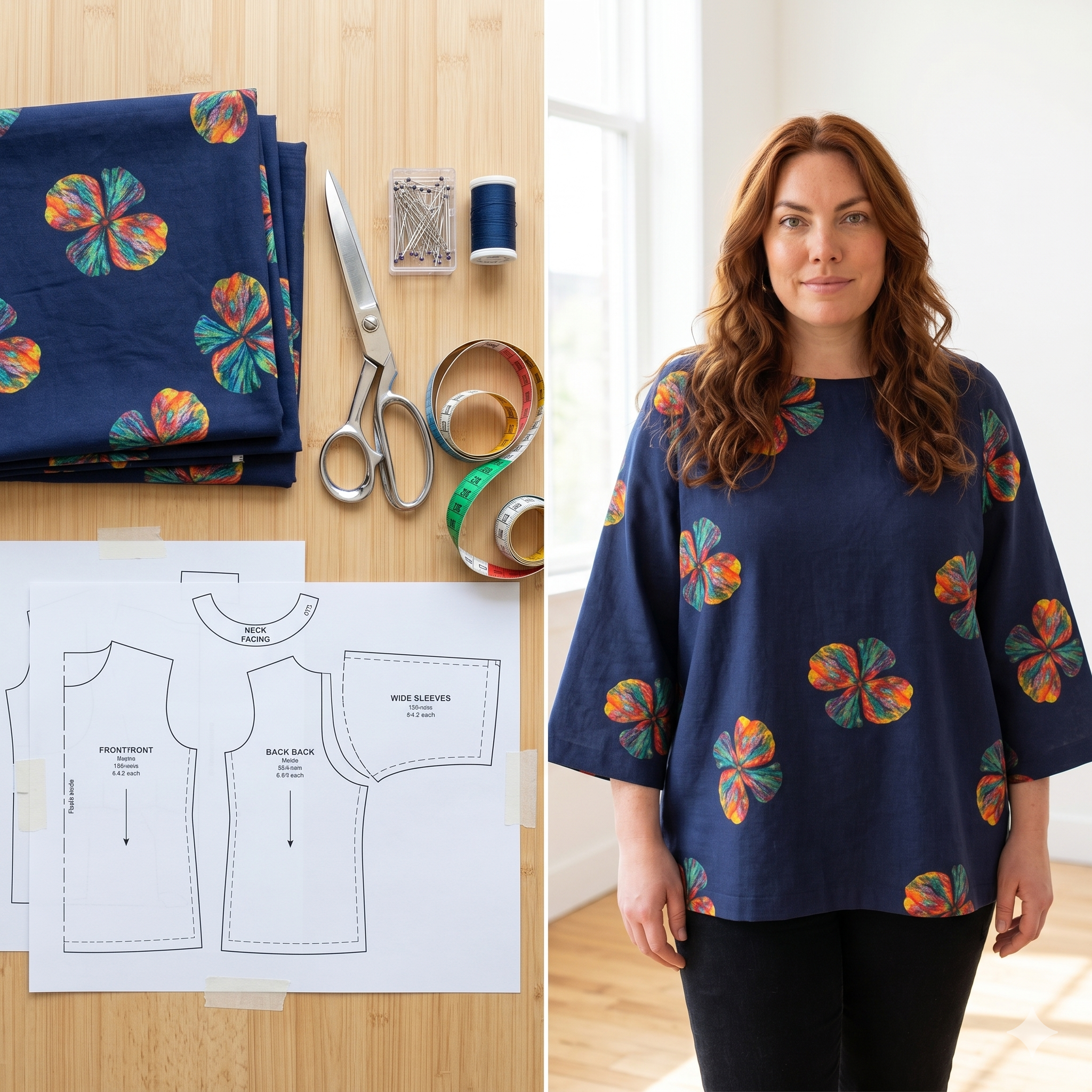 Floral Blouse Sewing Pattern PDF | Easy Beginner Oversized Top Pattern, Pull On 3/4 Sleeve Shirt for Women, Sizes S-3XL, Instant Download