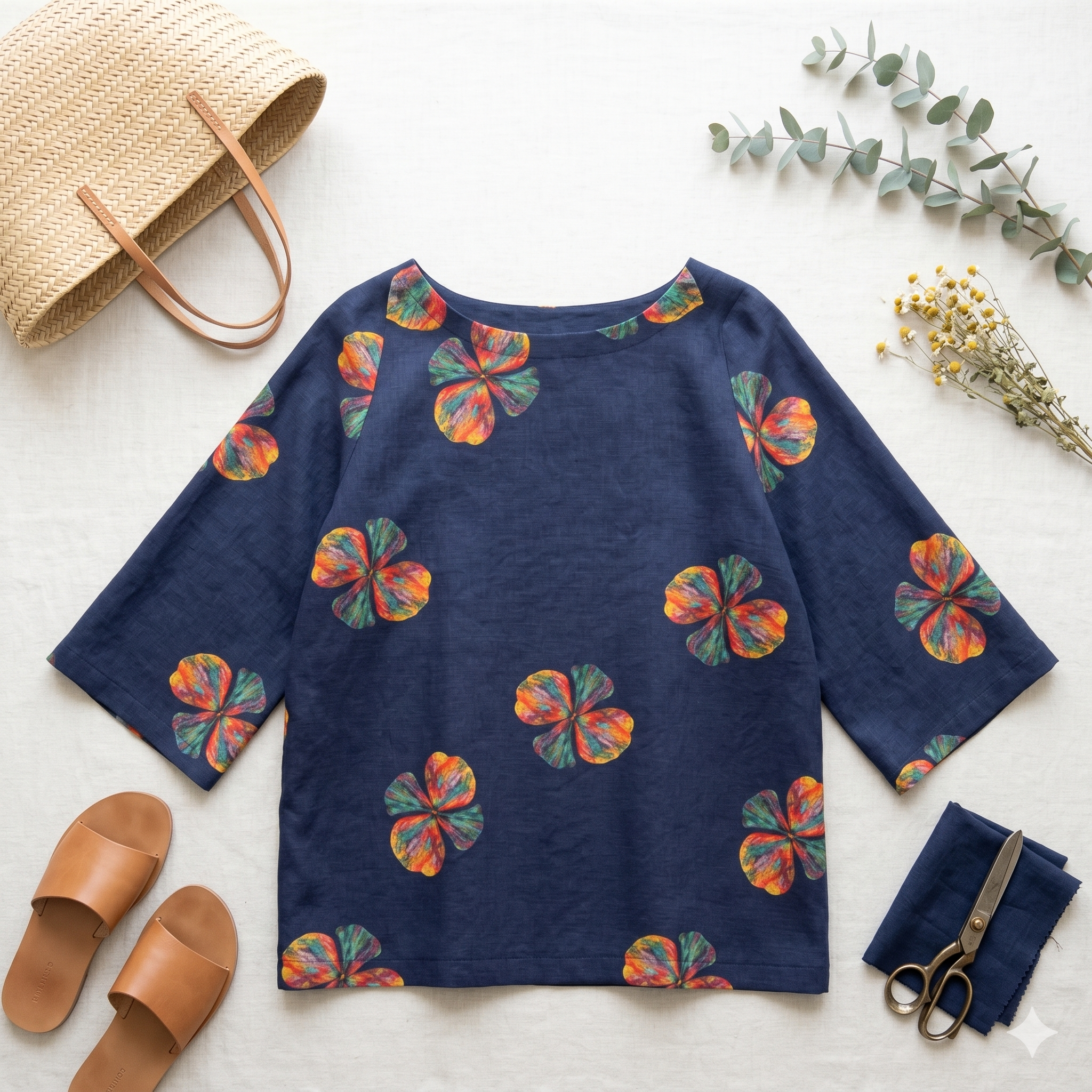 Floral Blouse Sewing Pattern PDF | Easy Beginner Oversized Top Pattern, Pull On 3/4 Sleeve Shirt for Women, Sizes S-3XL, Instant Download