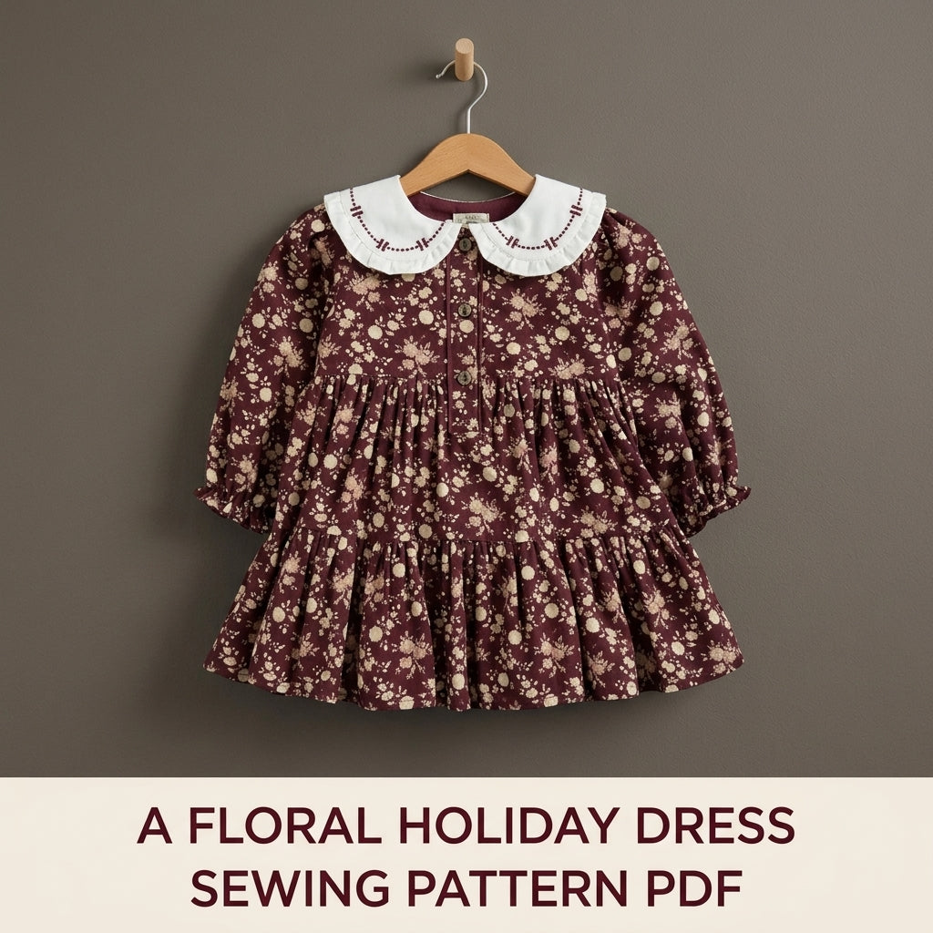 Girls Burgundy Tiered Dress Sewing Pattern PDF – Floral Dress with Embroidered Collar