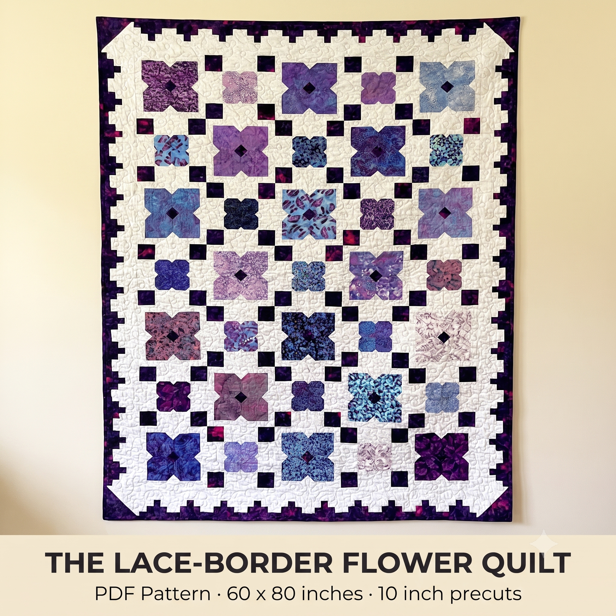 Flower Quilt Pattern PDF | Layer Cake Quilt with Lace Style Border | 60 x 80 inch Throw | Intermediate Quilting Pattern | Instant Download
