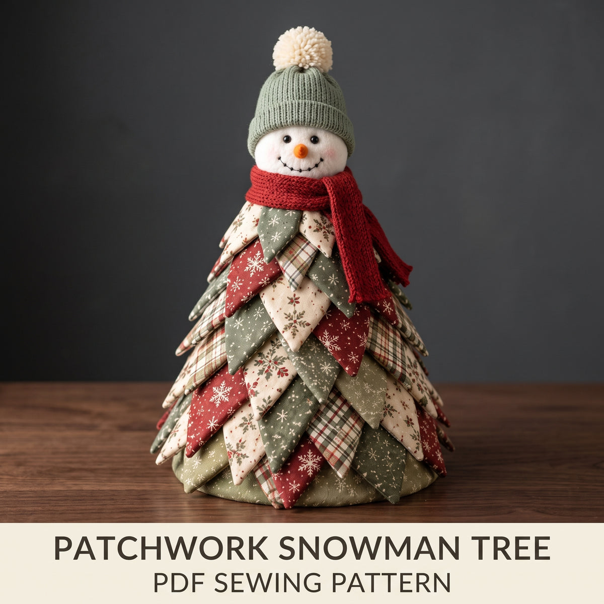 Patchwork Snowman Tree Sewing Pattern PDF | Folded Fabric Christmas Tree with Snowman Head | 45 cm / 17.7 in | Full Size Templates