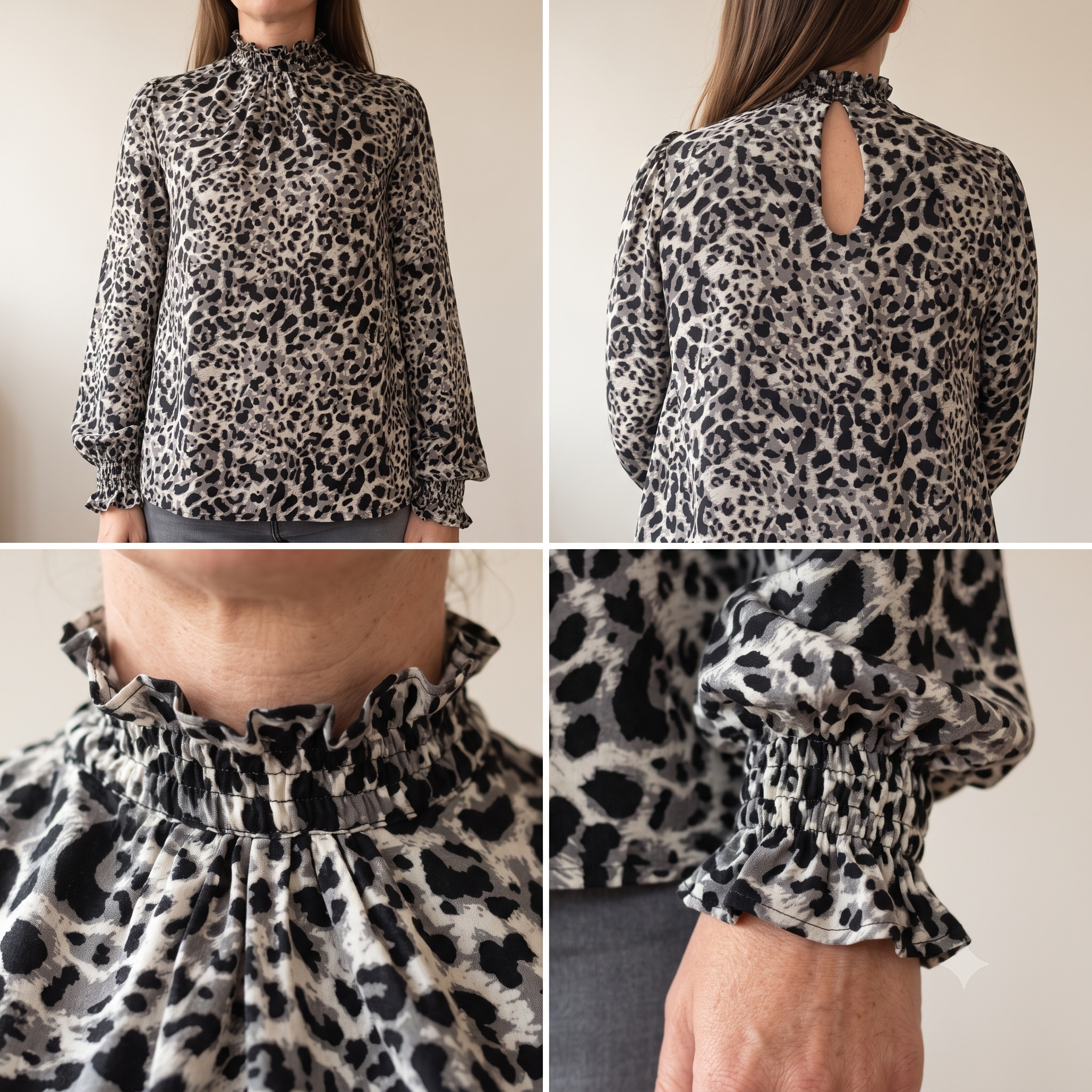 Ruffle Neck Blouse Sewing Pattern PDF, High Collar Bishop Sleeve Top, Keyhole Back Blouse Pattern, Lined, Sizes US 2-16 / EU 34-48, Instant Download