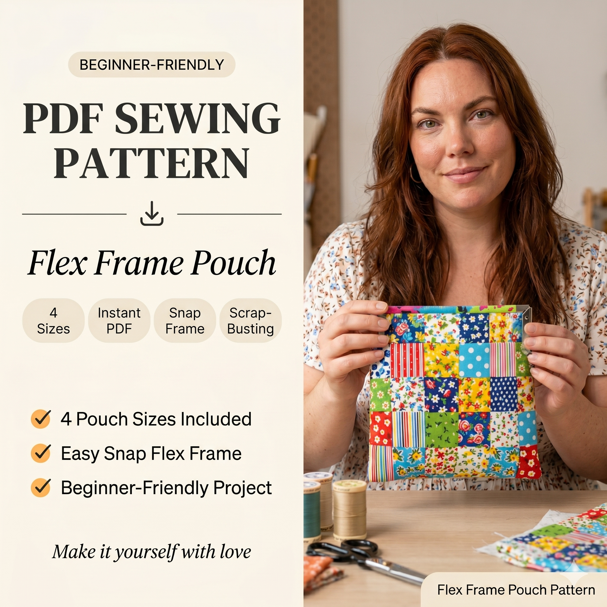 Flex Frame Pouch Sewing Pattern PDF – 4 Sizes, Easy Snap Pouch, Coin Purse, Glasses Case