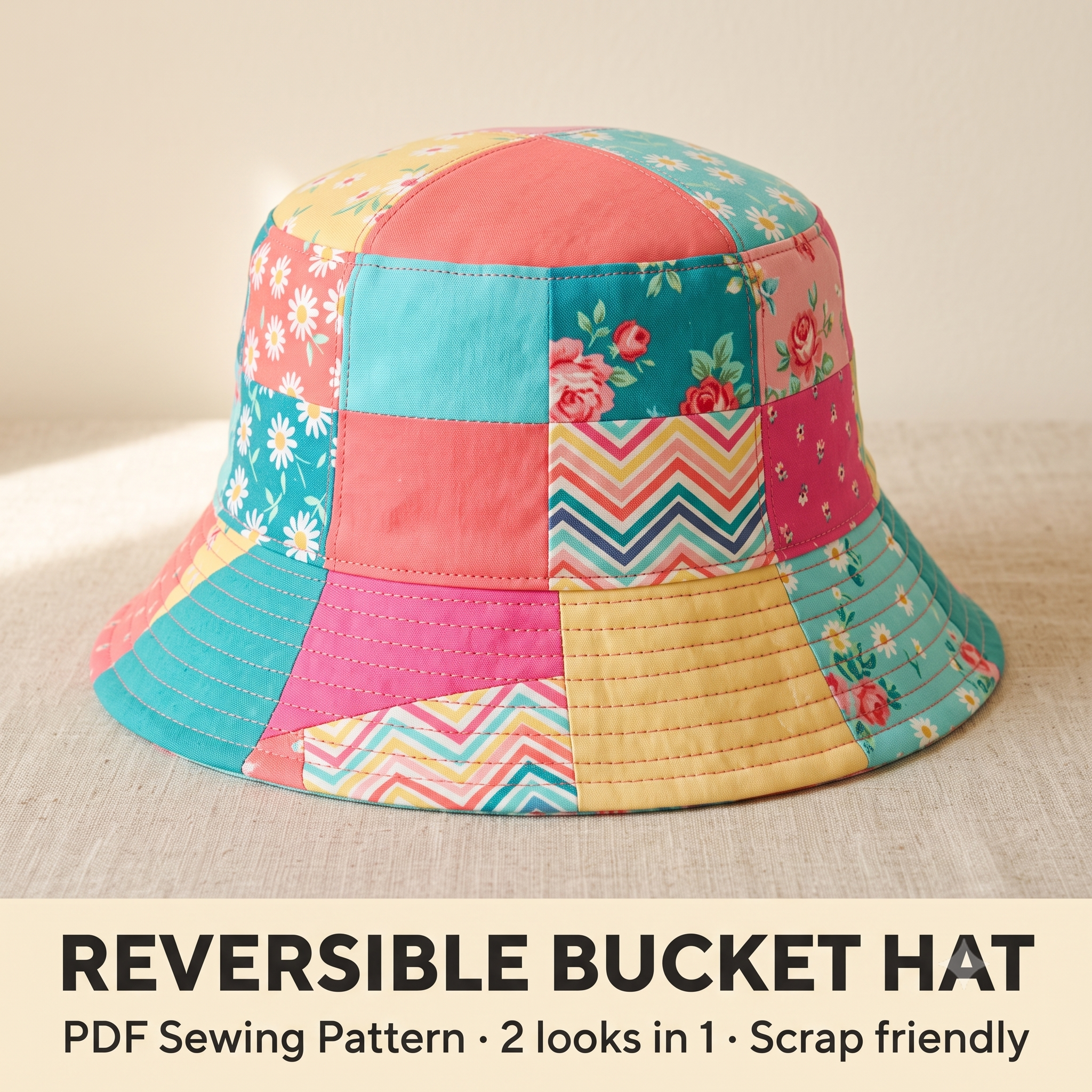 Bucket Hat Sewing Pattern | Reversible Patchwork Sun Hat PDF | Scrap Fabric Project | 2 Hats in 1 | Sizes S-M-L | A4 A0 US Letter