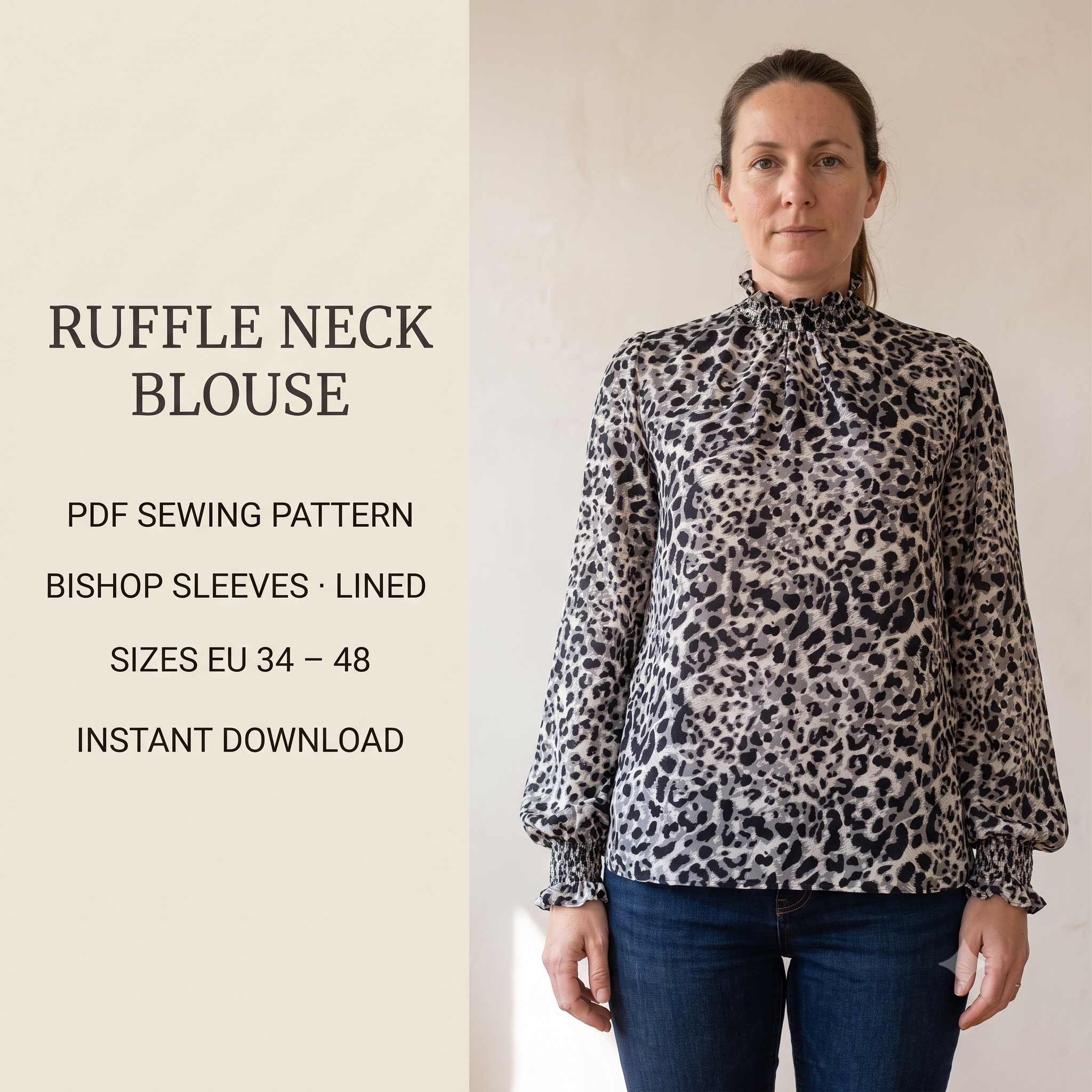 Ruffle Neck Blouse Sewing Pattern PDF, High Collar Bishop Sleeve Top, Keyhole Back Blouse Pattern, Lined, Sizes US 2-16 / EU 34-48, Instant Download