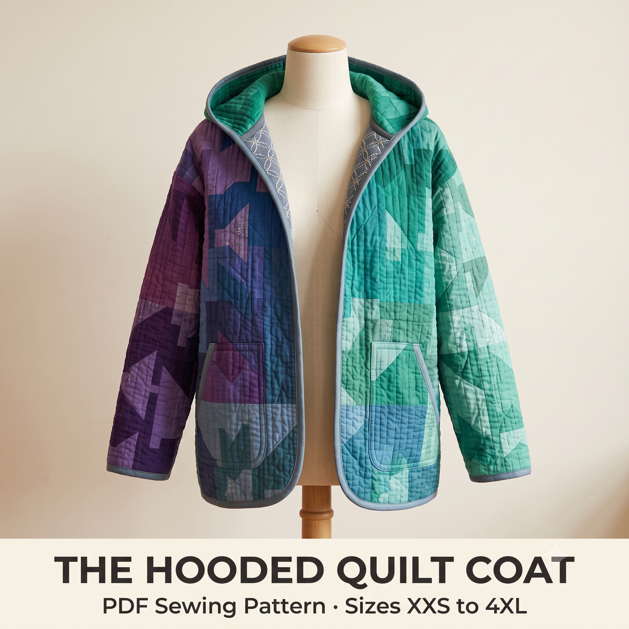 Hooded Quilt Coat Sewing Pattern | Quilted Jacket PDF | Sizes XXS-4XL | A0, A4 & US Letter