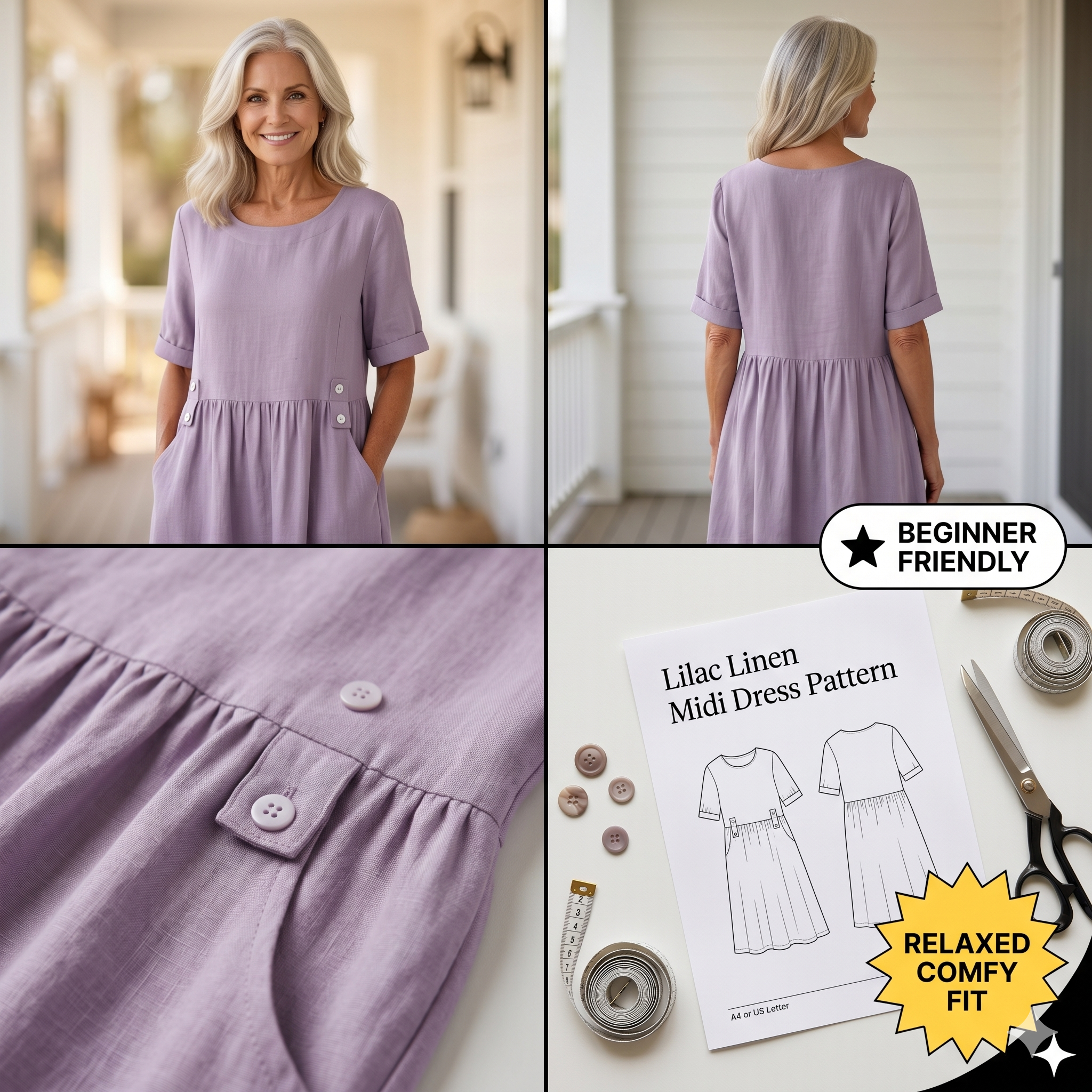 Cotton Linen Gathered Midi Dress – Instant Download PDF Sewing Pattern