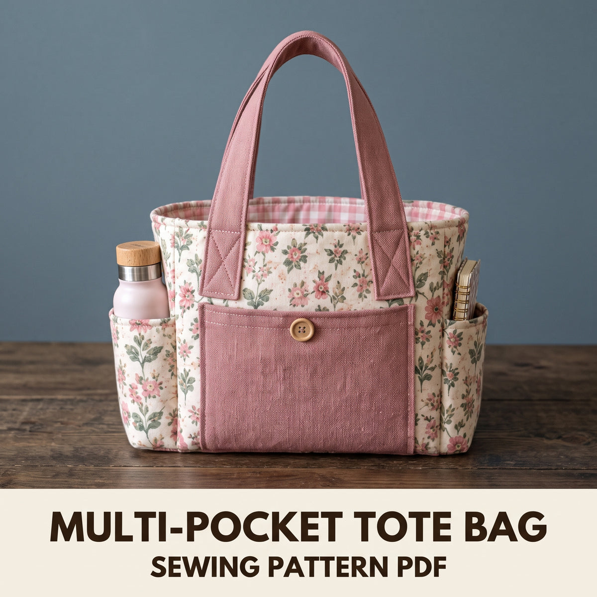 Multi Pocket Tote Bag Sewing Pattern PDF, 3 Sizes, Side Pockets, Front Pocket and Flat Bottom