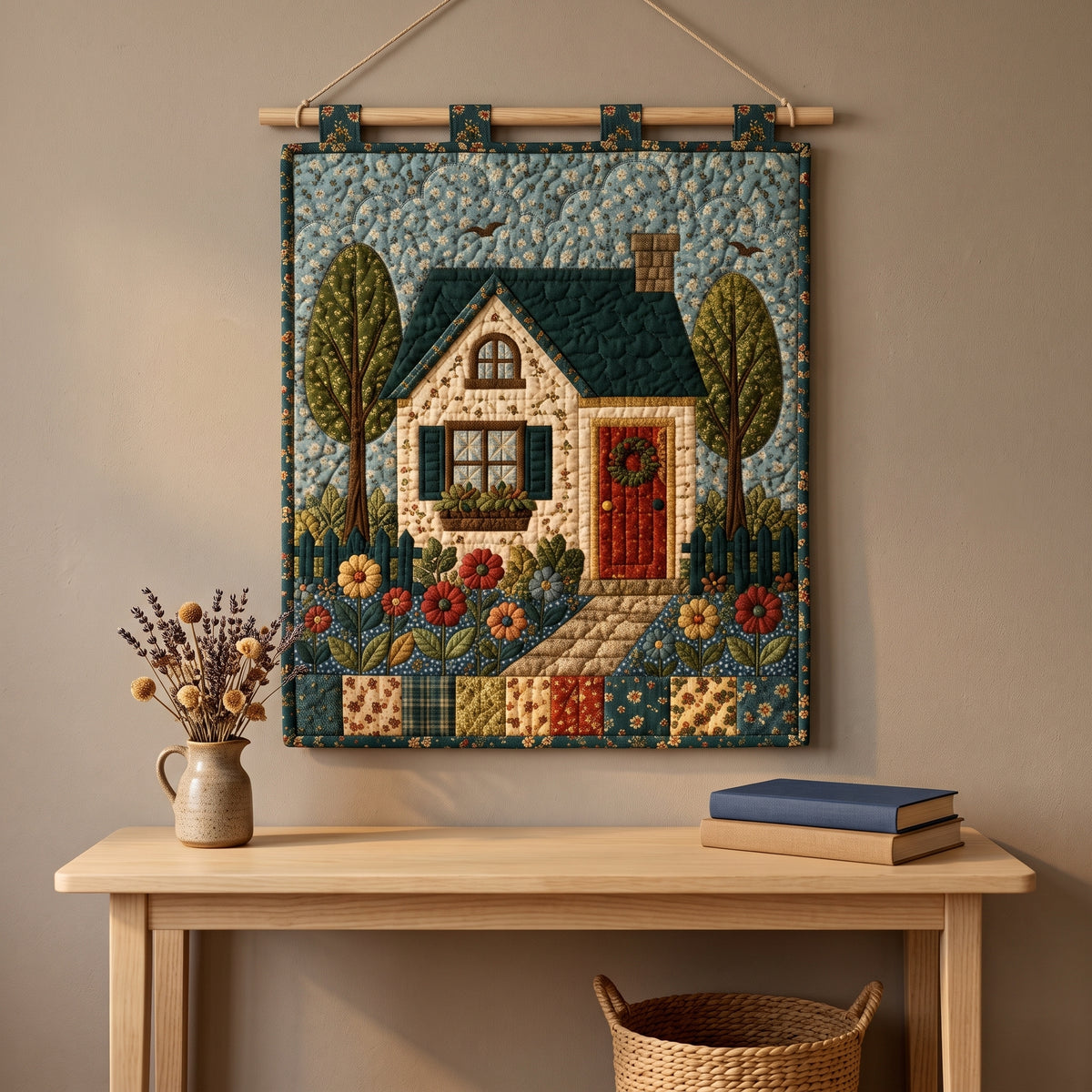 Cottage Quilt Pattern PDF, Applique Wall Hanging, Scrap Friendly