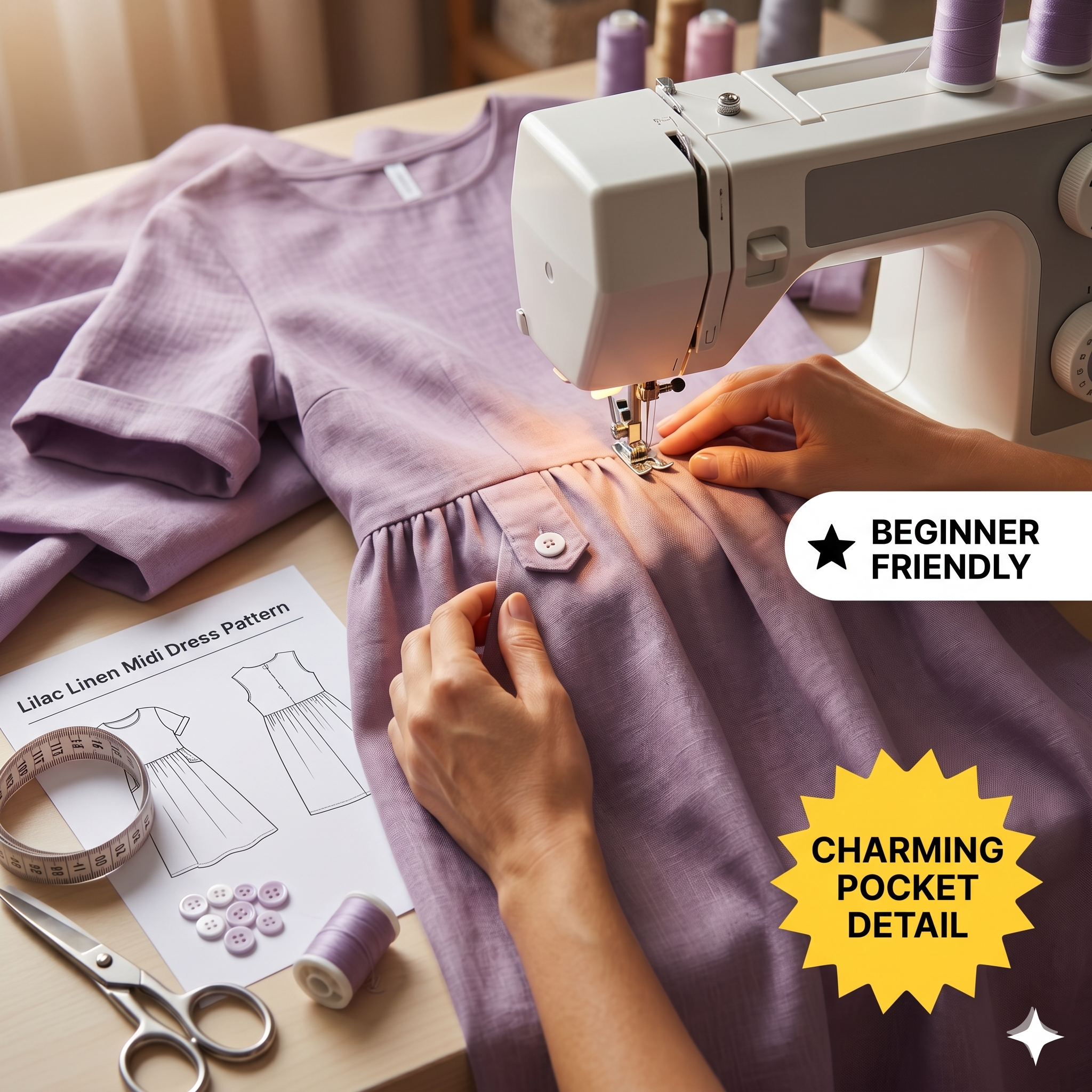Cotton Linen Gathered Midi Dress – Instant Download PDF Sewing Pattern