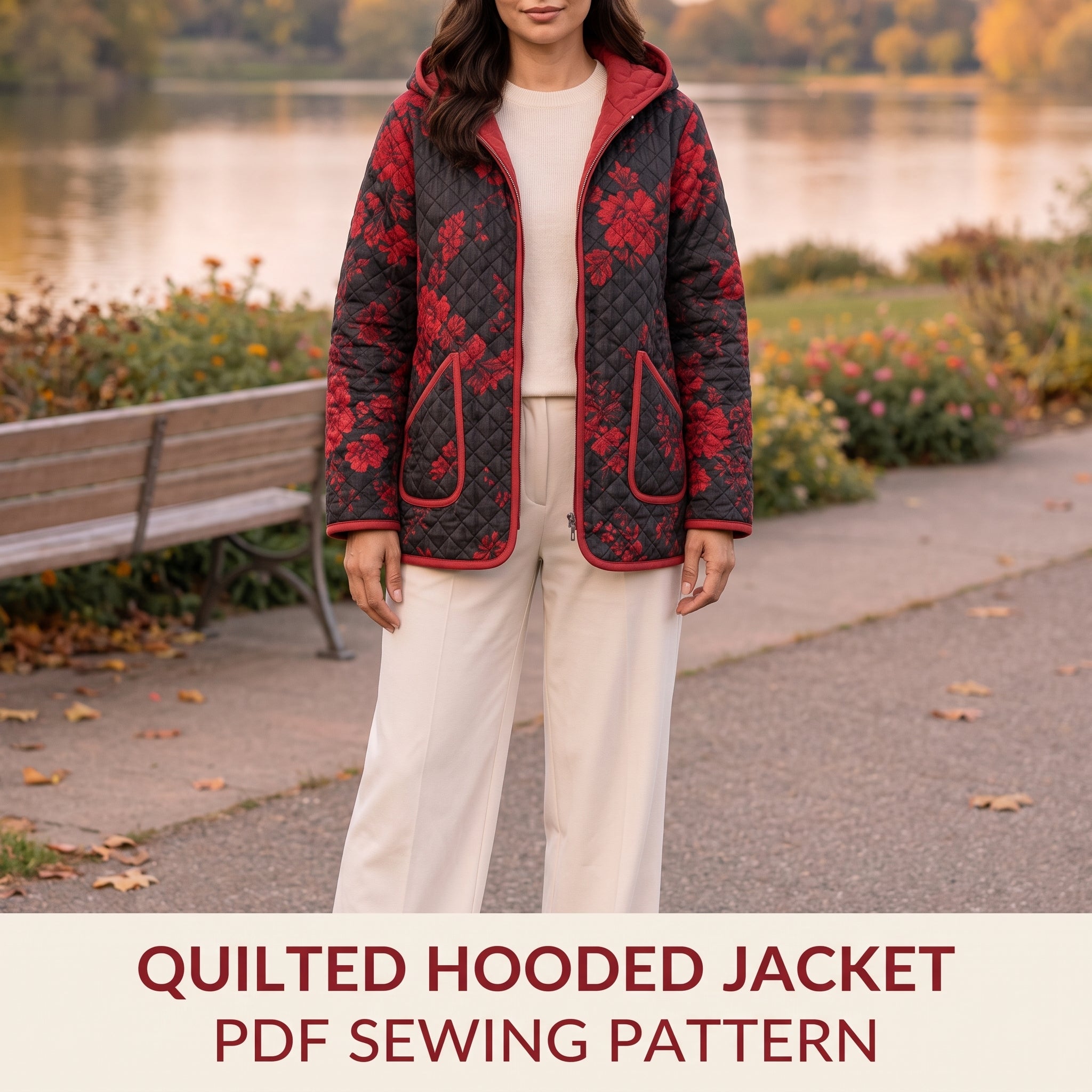 Quilted Hooded Jacket Sewing Pattern | Zip Front Jacket with Piping & Patch Pockets | Sizes XXS-4XL | A4, US Letter & A0 PDF