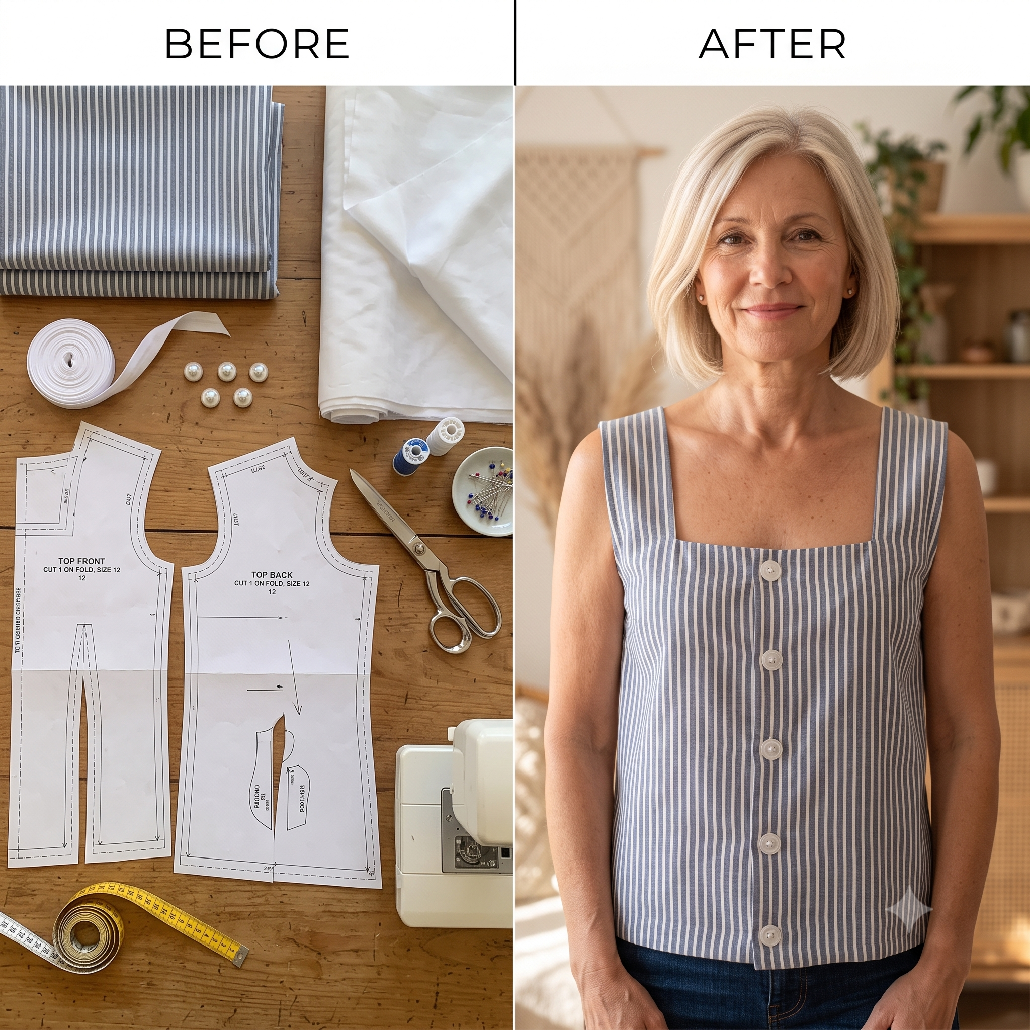 Square Neck Top Sewing Pattern PDF | Fully Lined Button-Front Summer Top, Reversible | Sizes 34-48 | Beginner Friendly | Instant Download