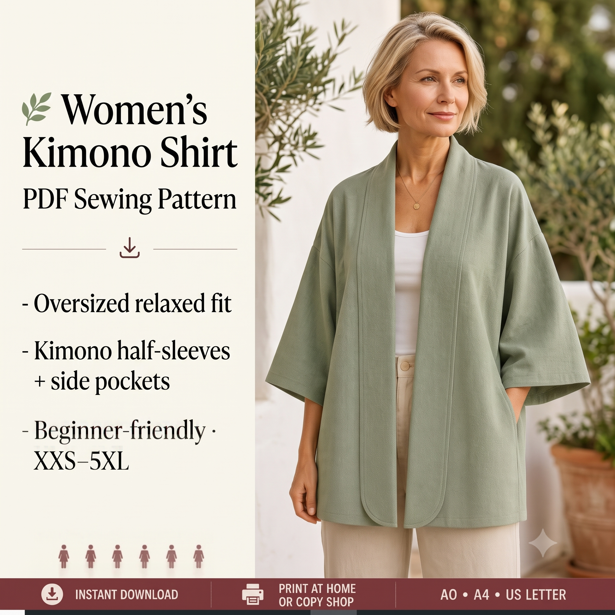 Women's Kimono Shirt Sewing Pattern PDF, Oversized Half Sleeve Top, Kimono Jacket, Relaxed Linen Shirt, Beginner Friendly, Sizes XXS–5XL