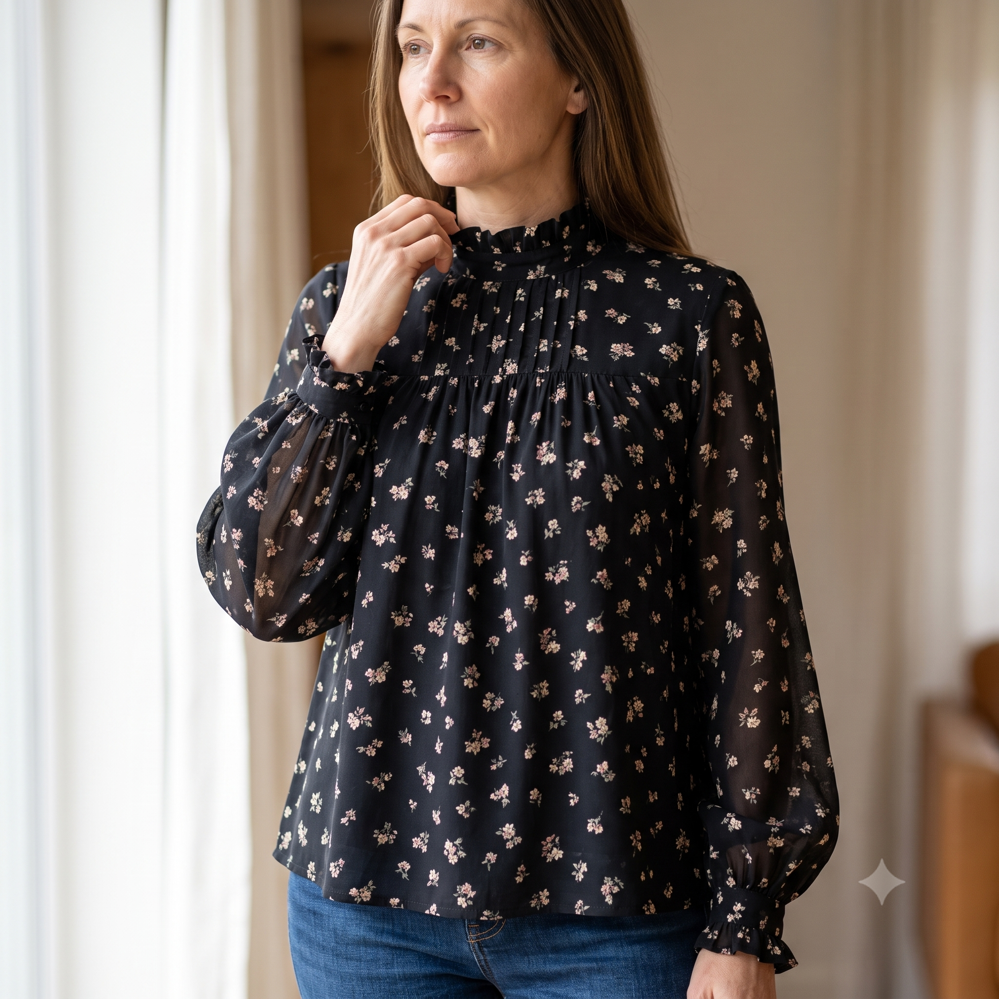 Ruffle Neck Blouse Sewing Pattern PDF, High Collar Bishop Sleeve Top, Keyhole Back Blouse Pattern, Lined, Sizes US 2-16 / EU 34-48, Instant Download