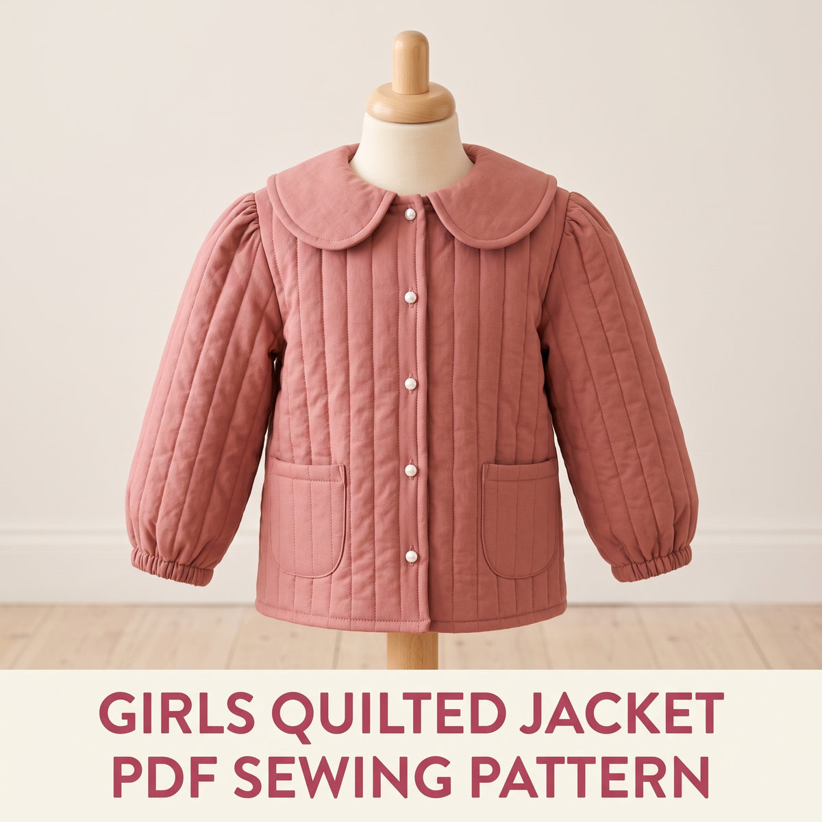 Girls Quilted Jacket Sewing Pattern | Peter Pan Collar & Puff Sleeves | 9 Sizes 6M to 10Y | A0, A4 & US Letter Layered PDF