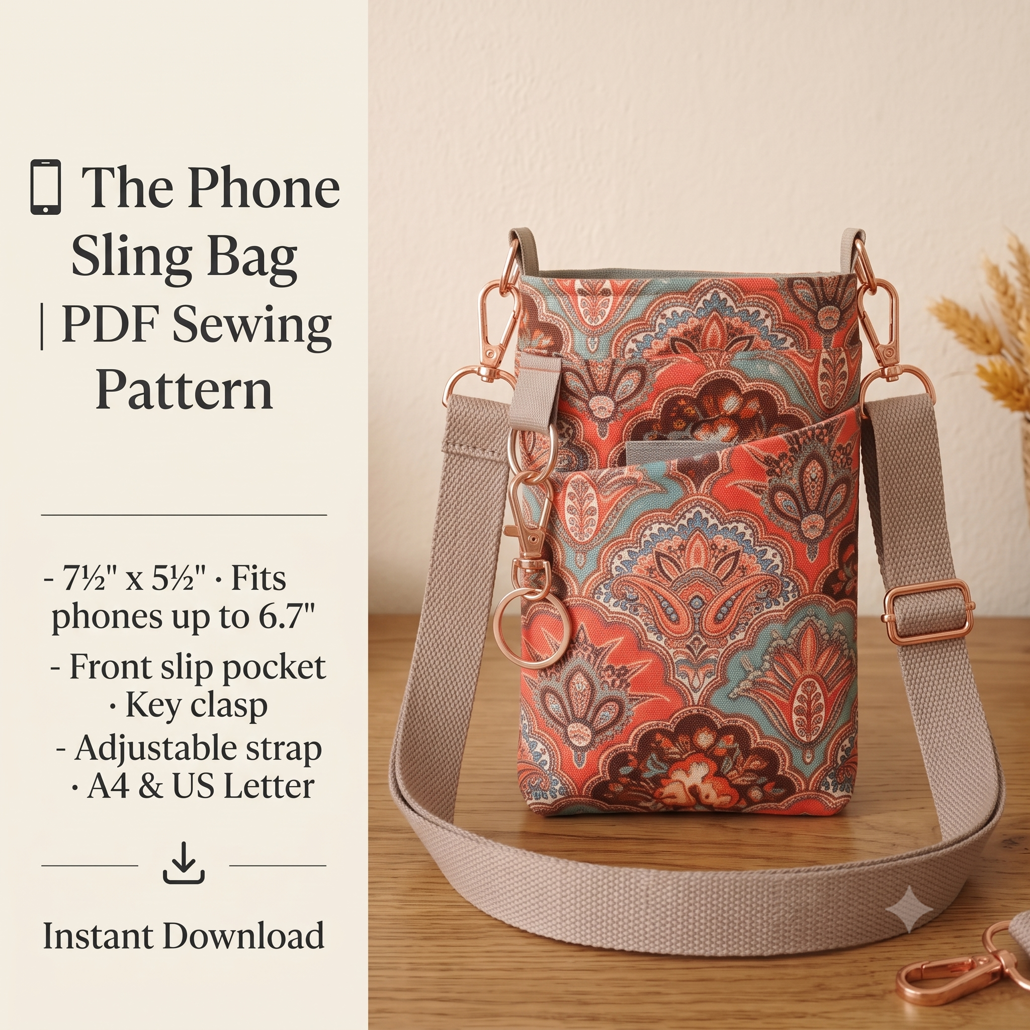 Phone Sling Bag PDF Sewing Pattern | Crossbody Phone Purse with Pocket | Beginner Bag Pattern | Instant Download A4 US Letter