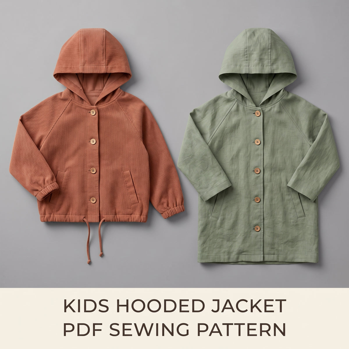 Kids Hooded Jacket Sewing Pattern PDF | 2 Lengths, Raglan Sleeves | 8 Sizes 80-150 cm | A4, A0 & Projector
