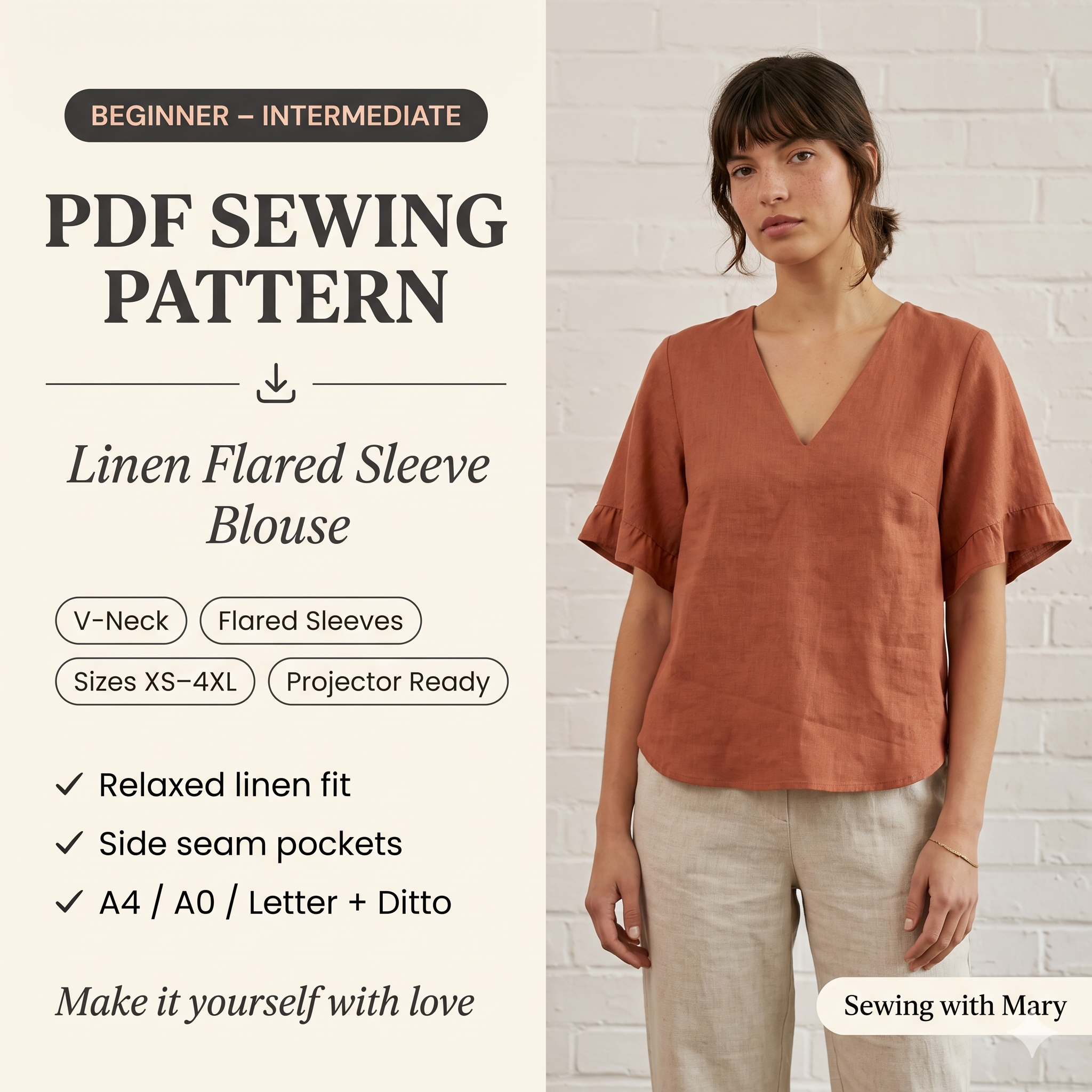Linen Flared Sleeve Blouse Sewing PatternVintage V-Neck Top (XS-4XL) (PDF Pattern,Dijital Download)